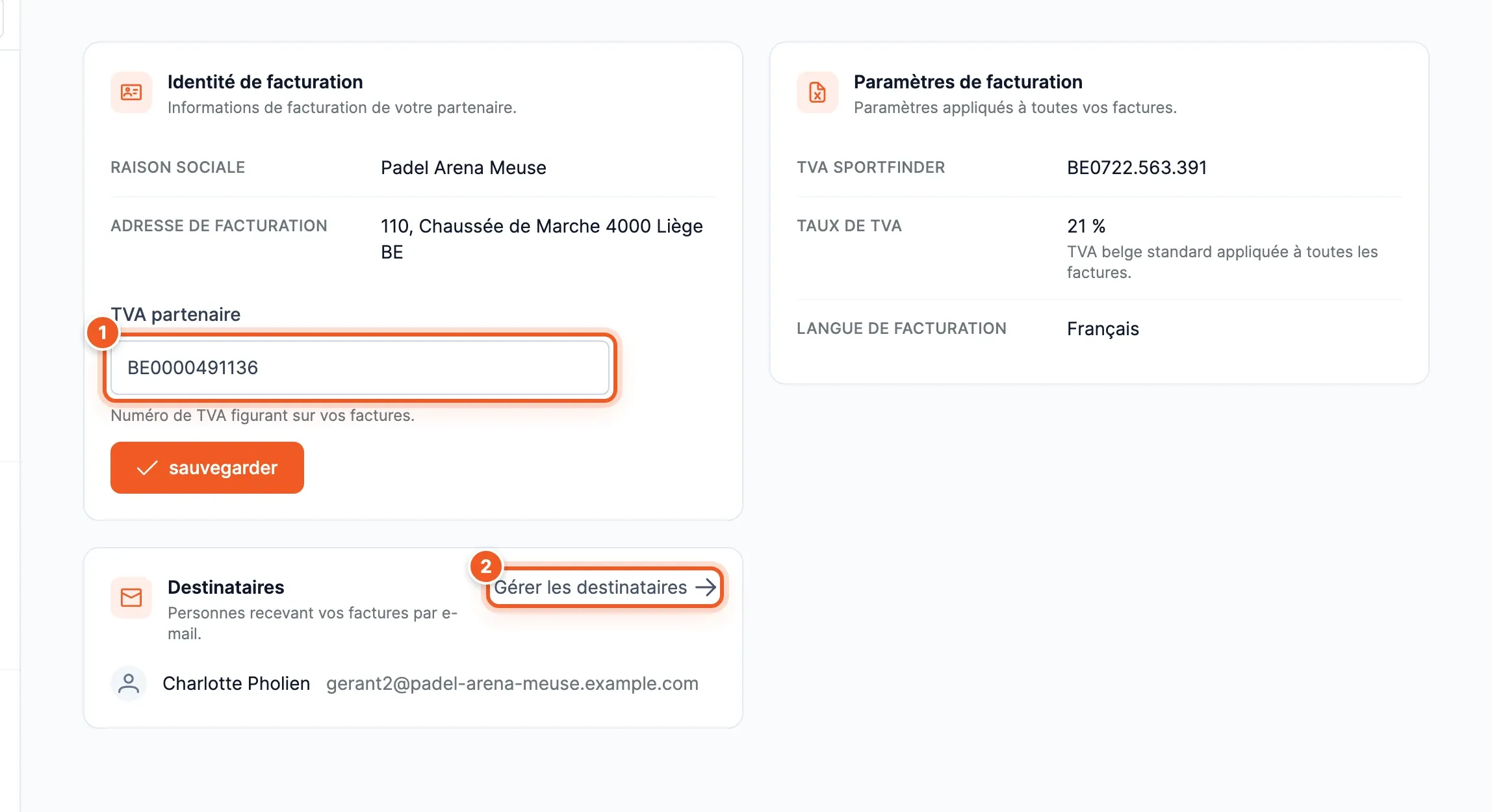 Page Facturation : identité de facturation avec le champ « TVA partenaire » (1), paramètres de facturation (TVA SportFinder, taux de TVA, langue) et carte Destinataires avec « Gérer les destinataires » (2)