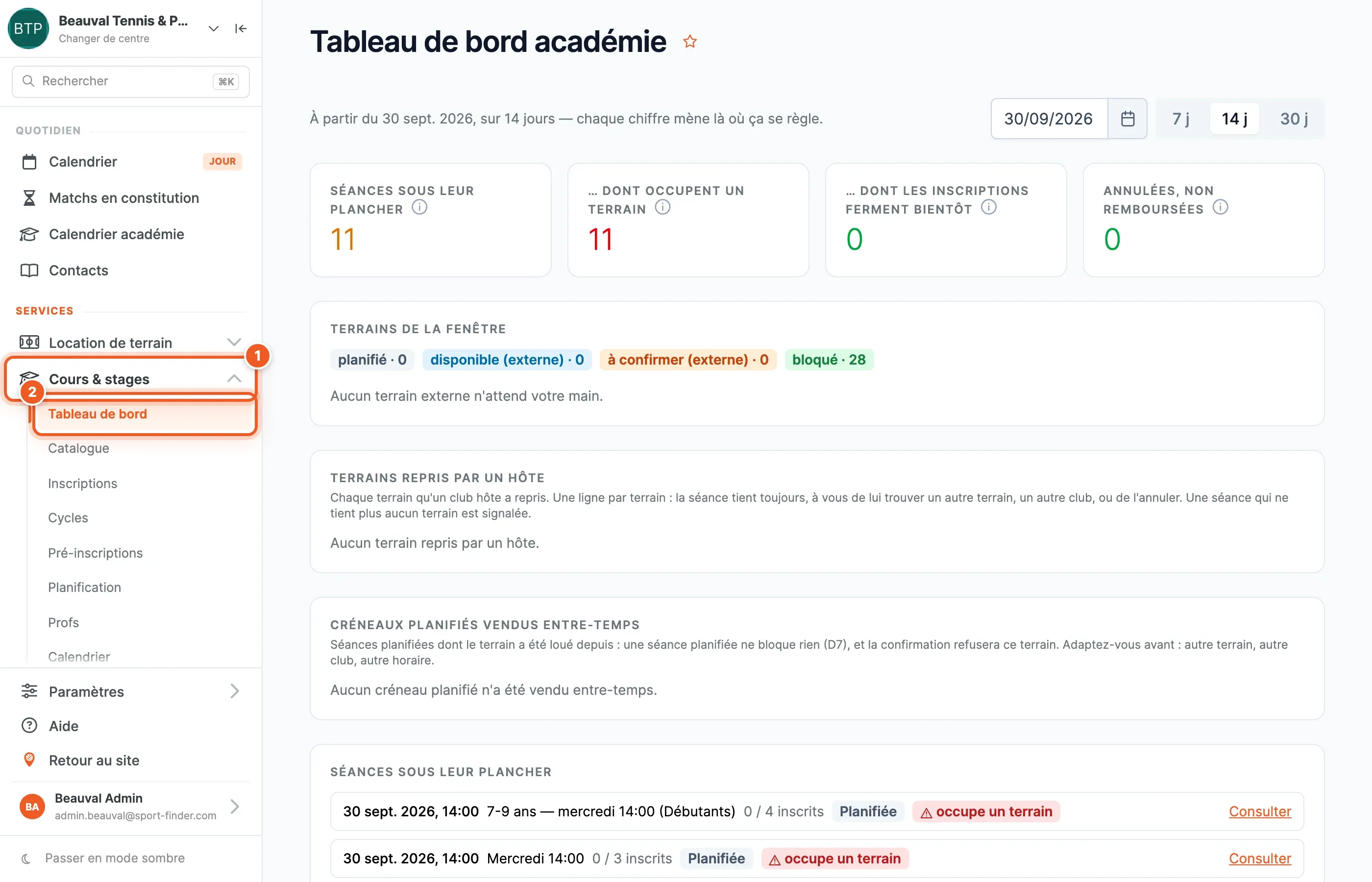 Le menu du back-office : la branche Cours & stages de la section Services (1) dépliée, avec le Tableau de bord (2) ouvert