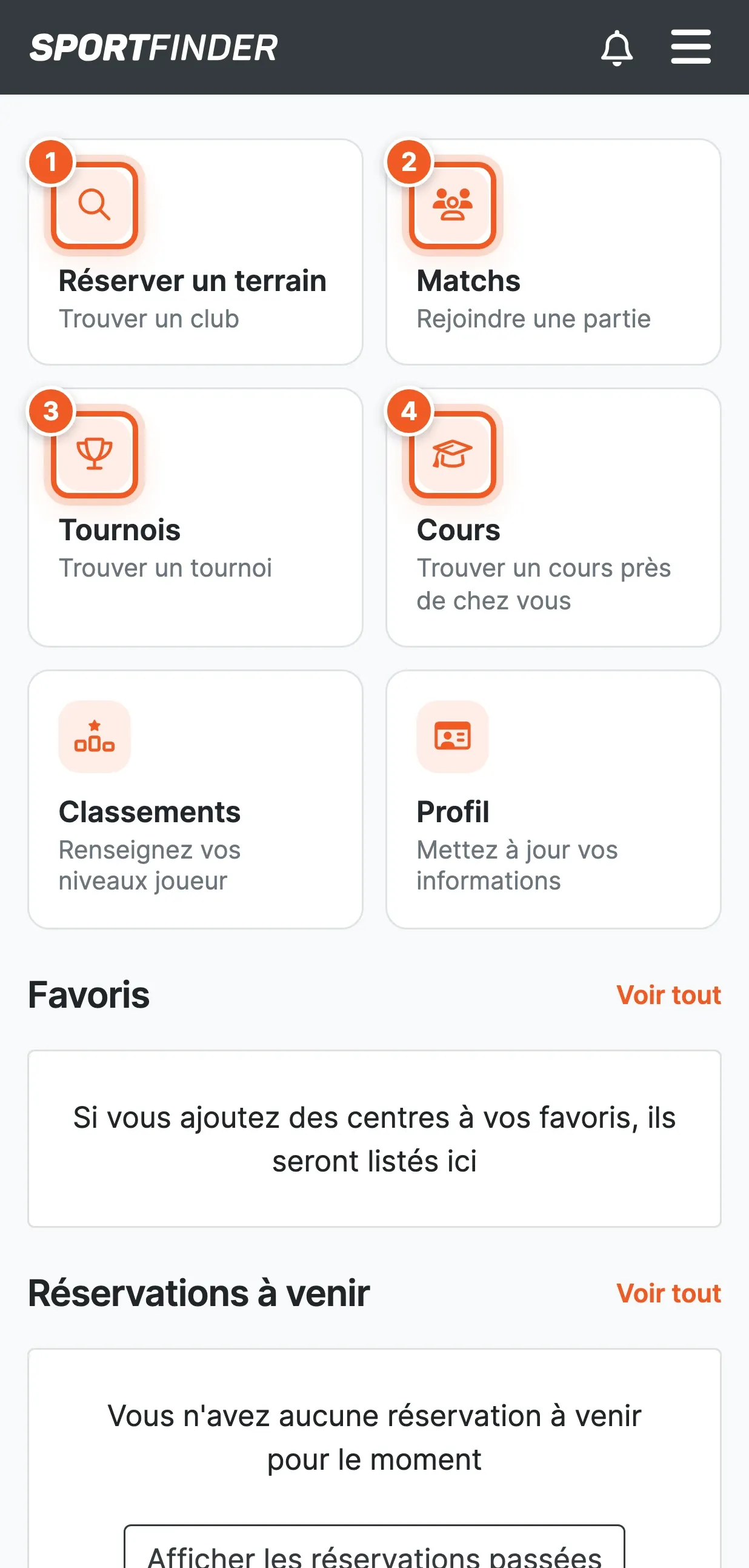Accueil de l'application SportFinder côté joueur : les tuiles Réserver un terrain, Matchs, Tournois, Cours, Classements et Profil.