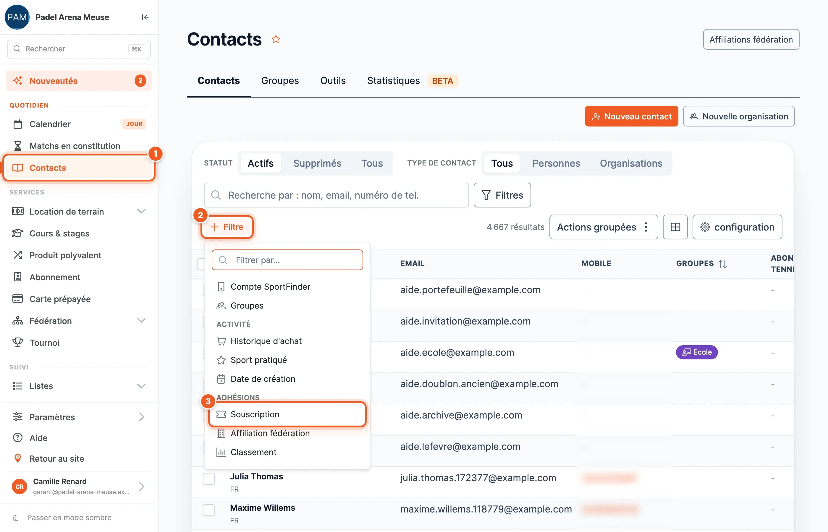 Liste des contacts : le menu Contacts (1), le bouton « + Filtre » (2) ouvert sur la liste des filtres, et « Souscription » (3) dans le groupe Adhésions.