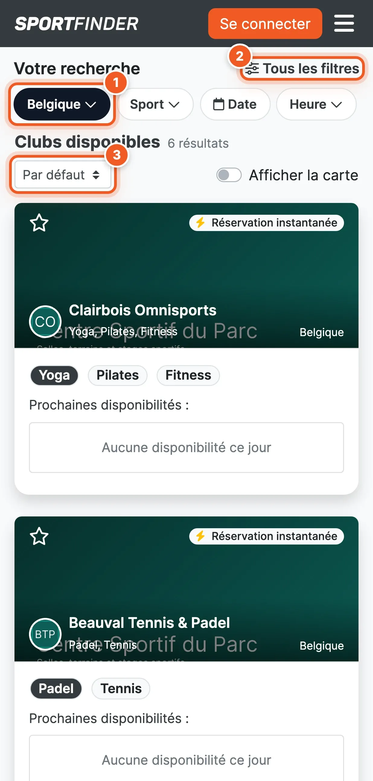 Liste des clubs sur téléphone : « Votre recherche » avec la pastille du lieu « Belgique » (1), les pastilles Sport, Date, Heure, « Tous les filtres » (2), le tri « Par défaut » (3), l'interrupteur « Afficher la carte » et les cartes des clubs avec « Réservation instantanée ».