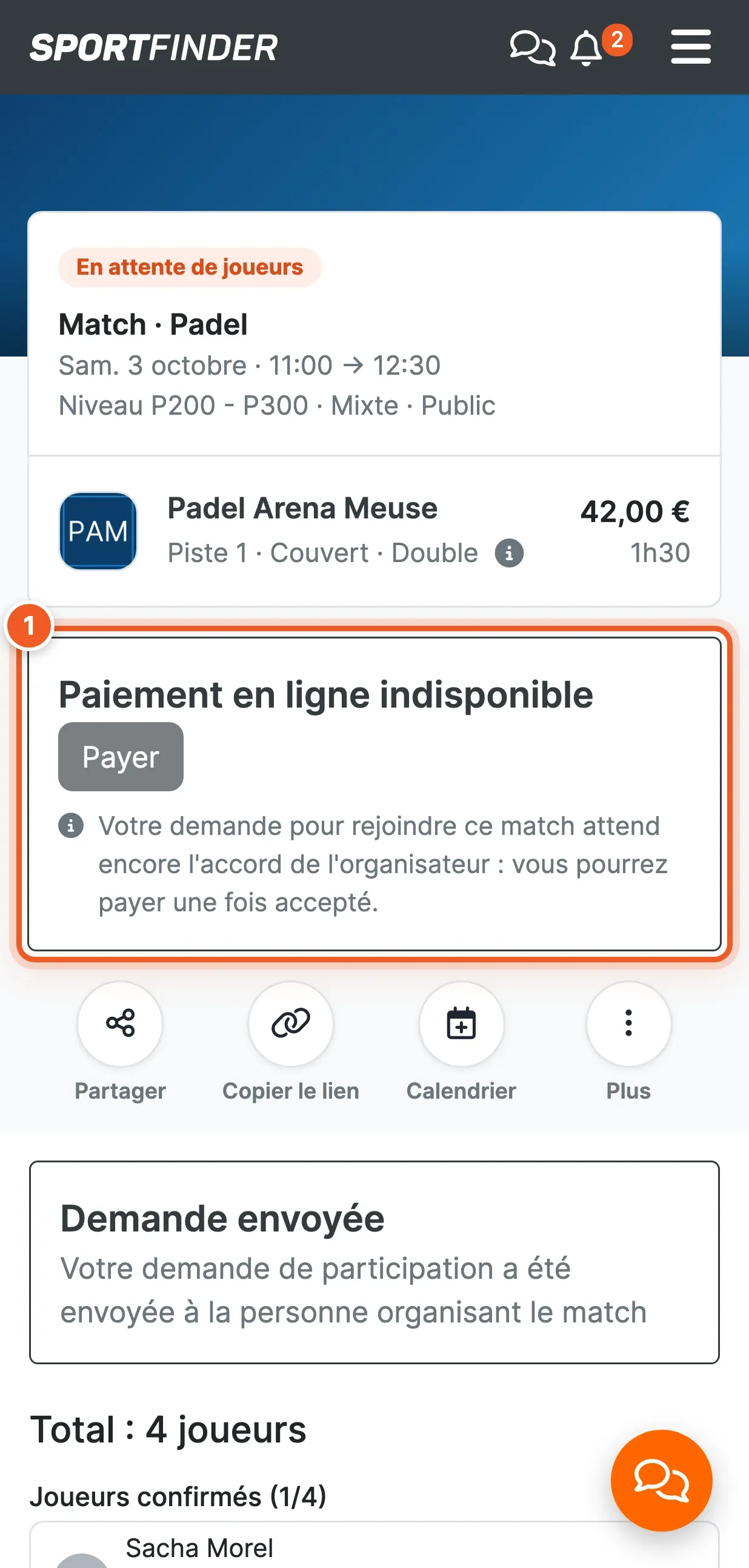 Page d'une réservation sur téléphone, vue par un joueur qui a demandé à rejoindre un match : le bloc « Paiement en ligne indisponible » (numéro 1) avec un bouton « Payer » grisé et la raison écrite dessous.