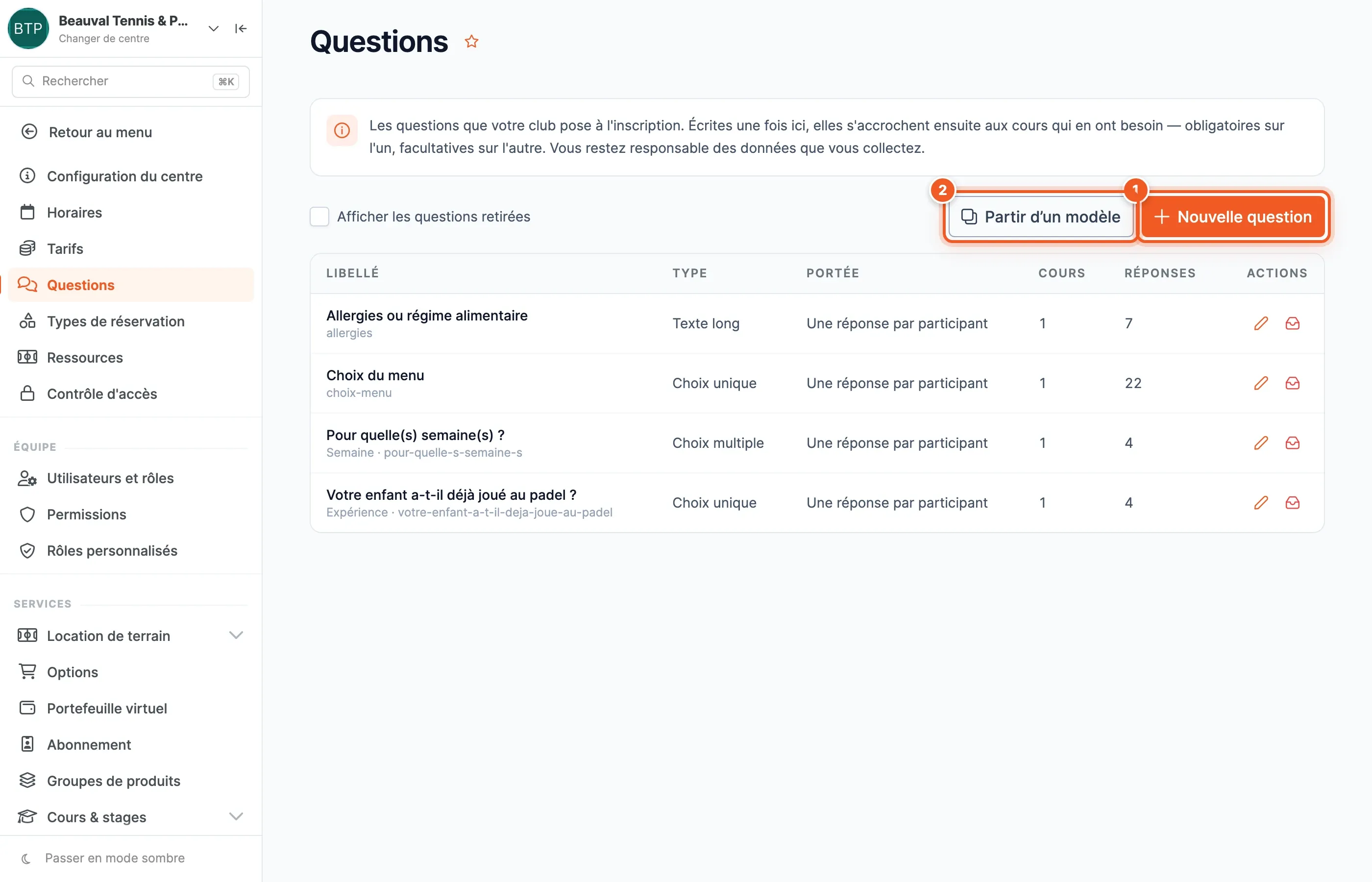 La bibliothèque de questions du club, avec les boutons Nouvelle question et Partir d’un modèle surlignés