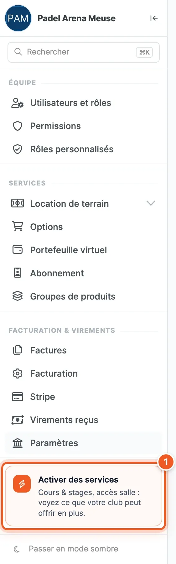 Menu Paramètres défilé vers le bas, le bloc orange « Activer des services » numéroté 1