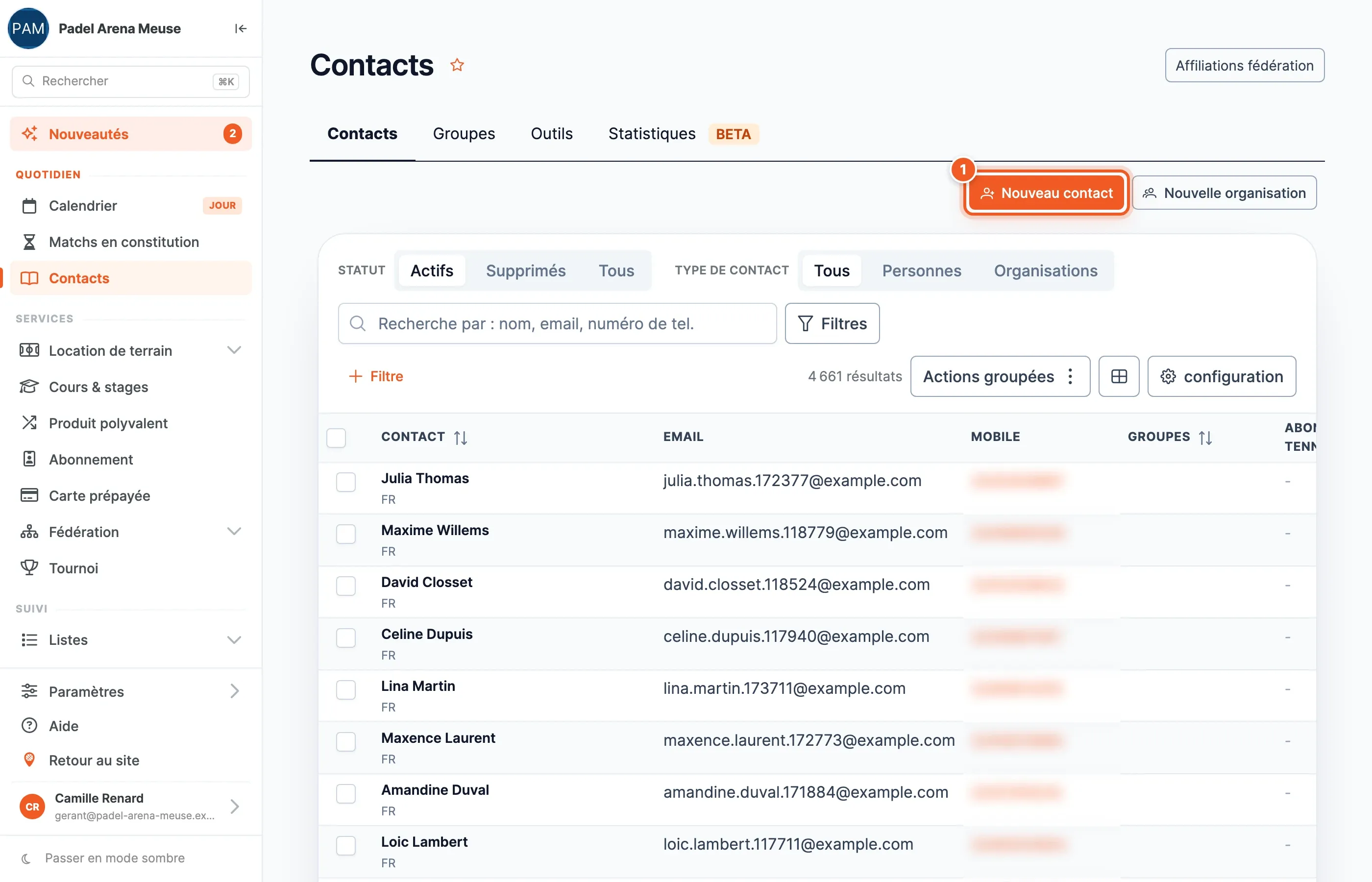 La liste des contacts, le bouton Nouveau contact mis en évidence