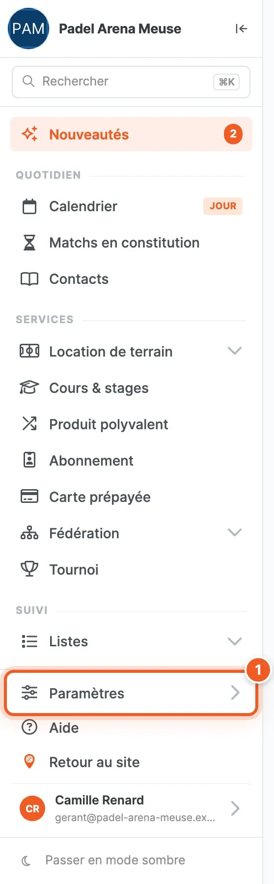 Menu principal du back-office, le bouton Paramètres en bas numéroté 1