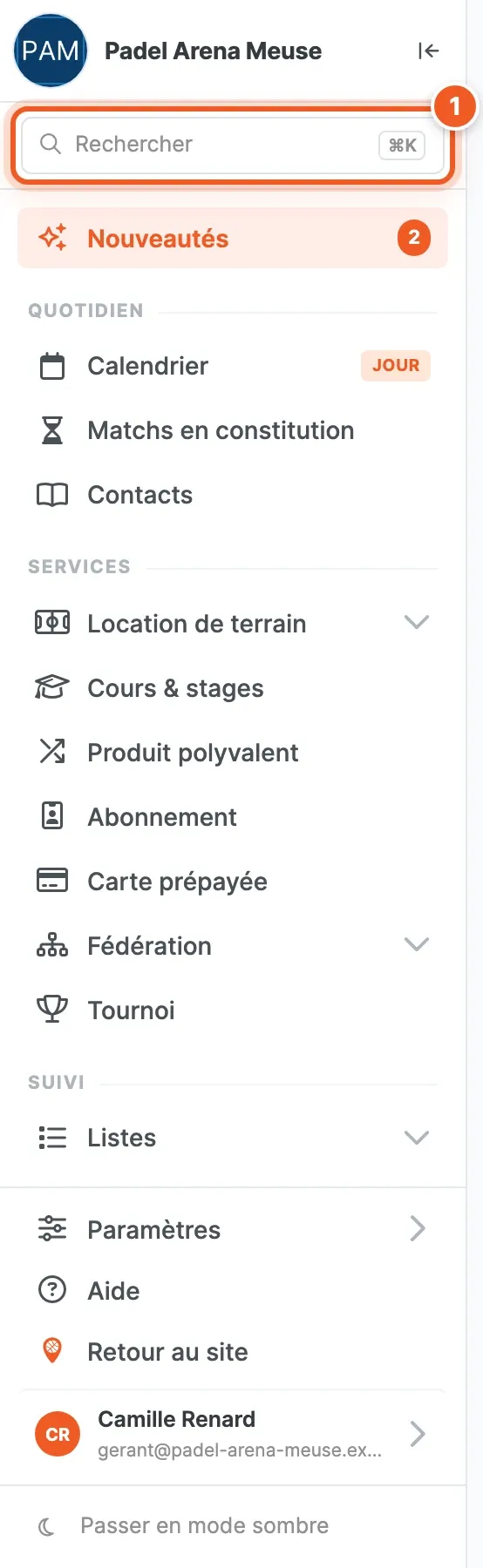 Accueil du back-office, le bouton Rechercher entouré sous le nom du club, avec le rappel ⌘K