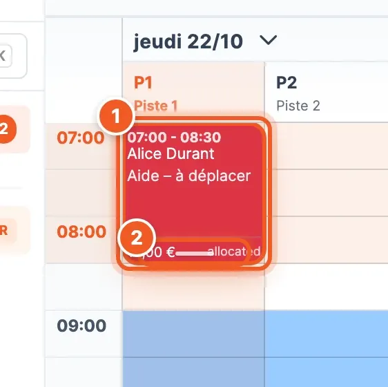 Carte d'une réservation dans le calendrier (1) avec sa poignée de redimensionnement en bas (2)