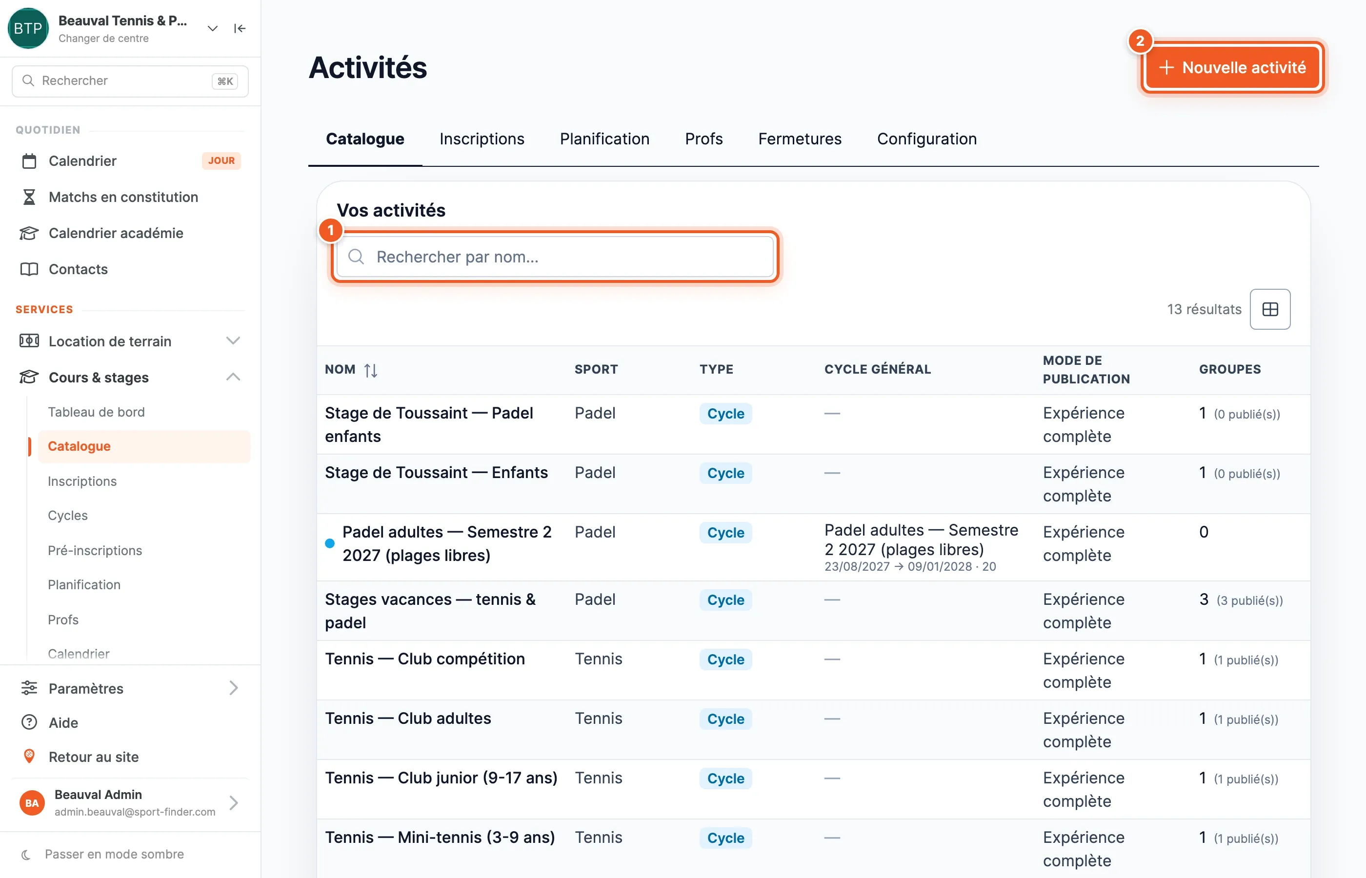 Le catalogue des activités du club, avec le champ de recherche et le bouton Nouvelle activité surlignés