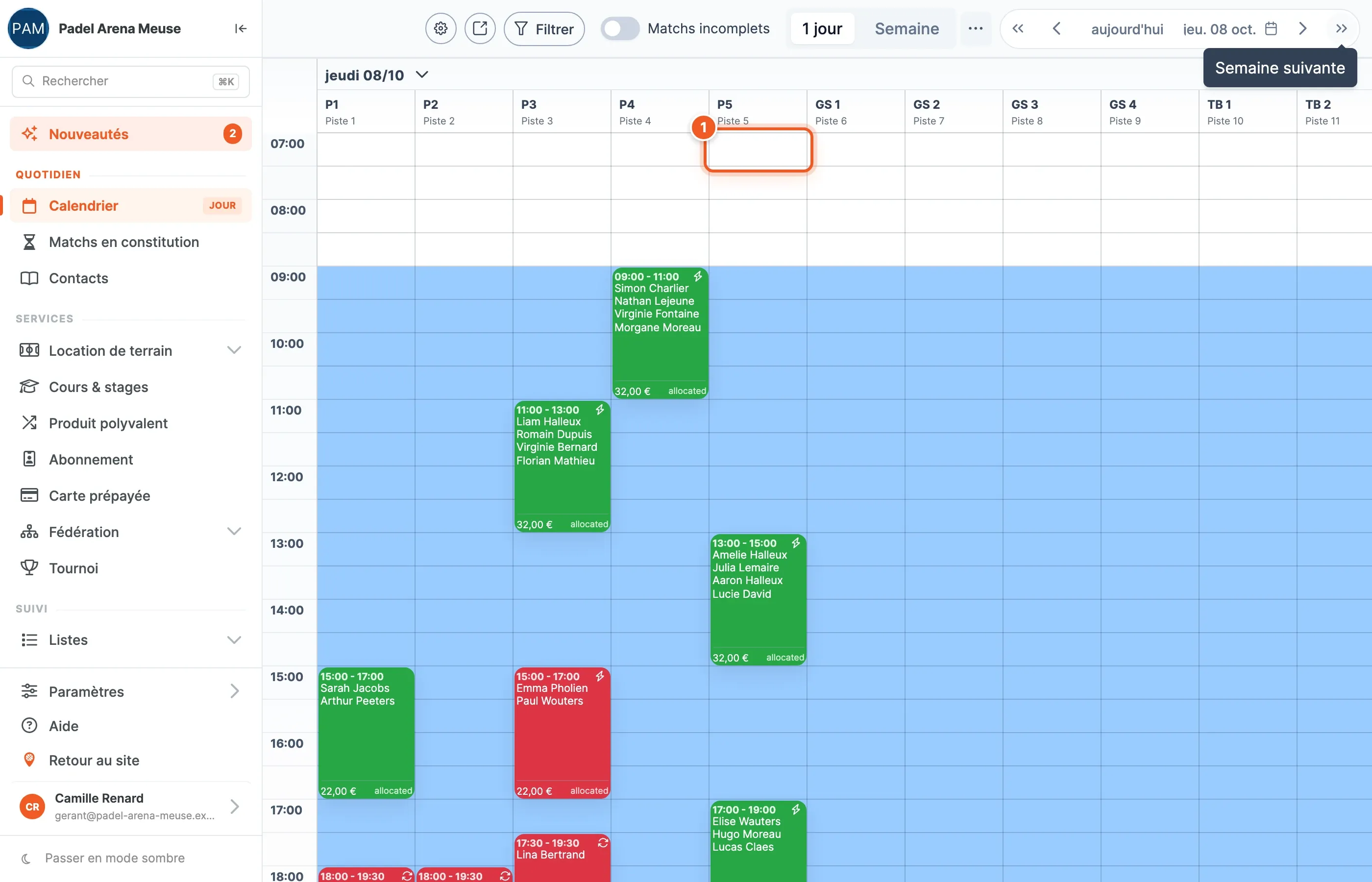 Calendrier en vue jour, un créneau libre de 07:00 repéré par le numéro 1