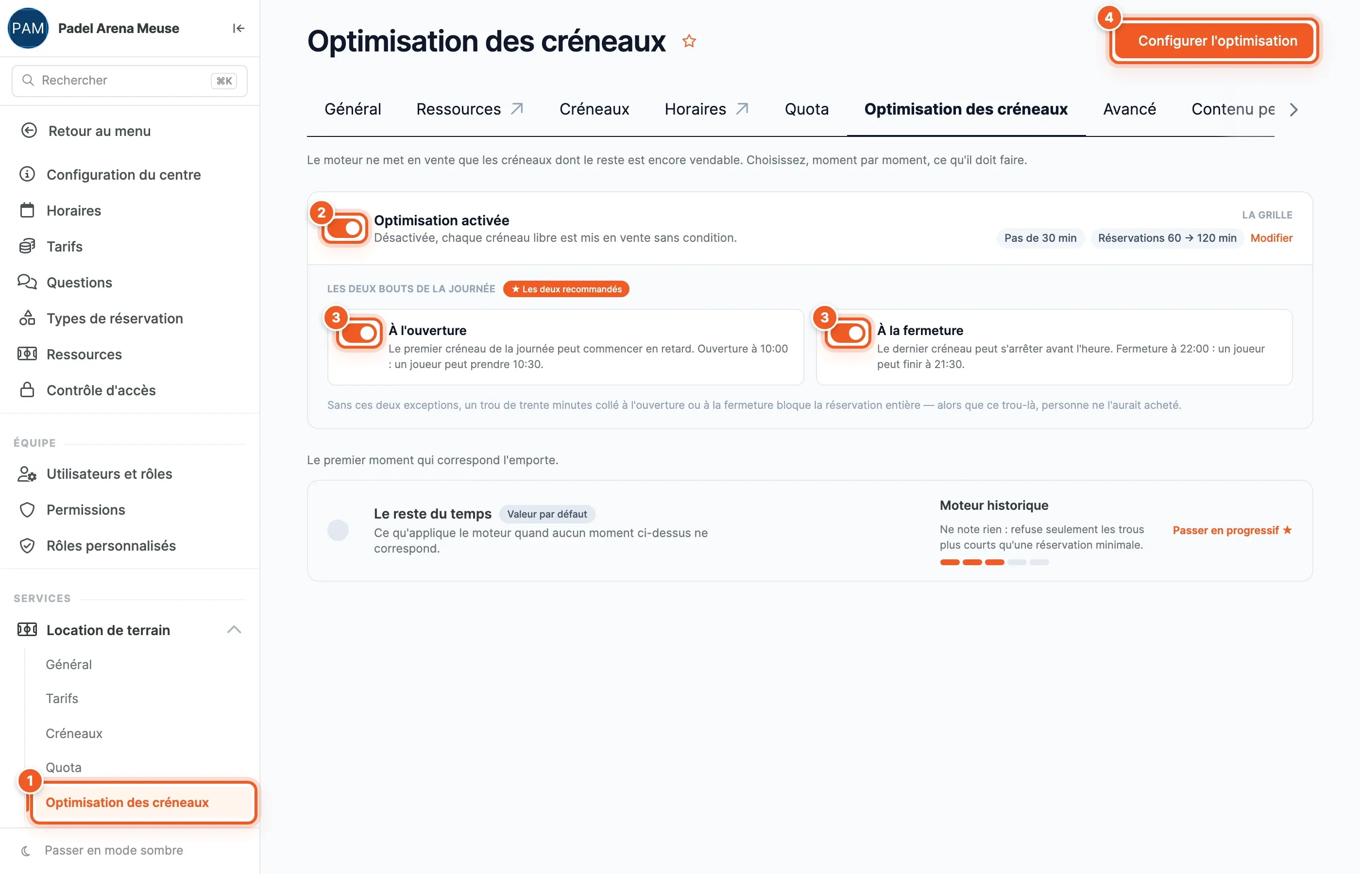 Écran Optimisation des créneaux : l’entrée du menu (1), l’interrupteur Optimisation activée (2), les deux bouts de la journée (3) et le bouton Configurer l’optimisation (4)