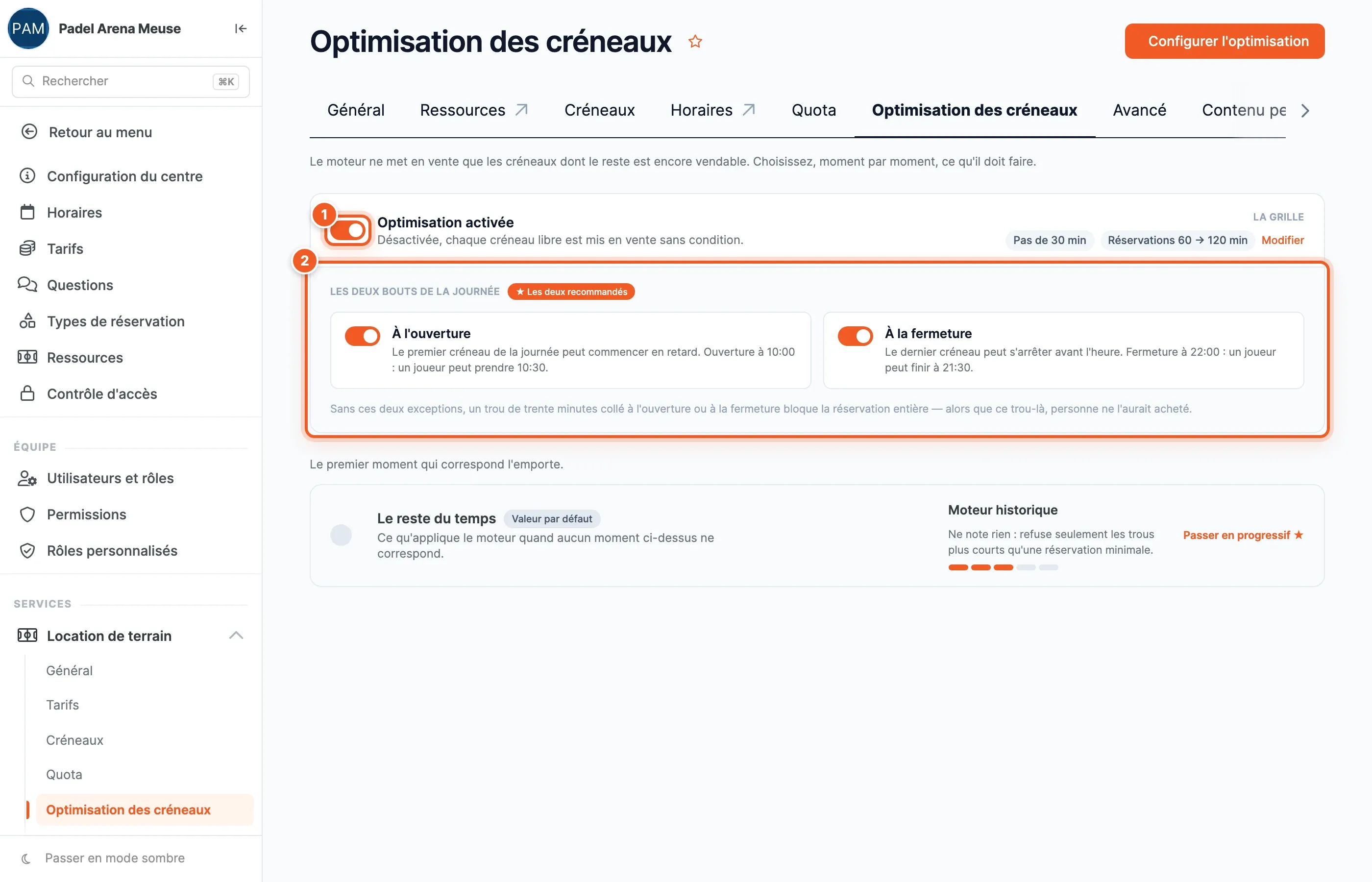 L'écran Optimisation des créneaux : l'interrupteur Optimisation activée (1), les exceptions À l'ouverture et À la fermeture (2), puis la ligne Le reste du temps avec le mode appliqué par défaut et le lien Passer en progressif.