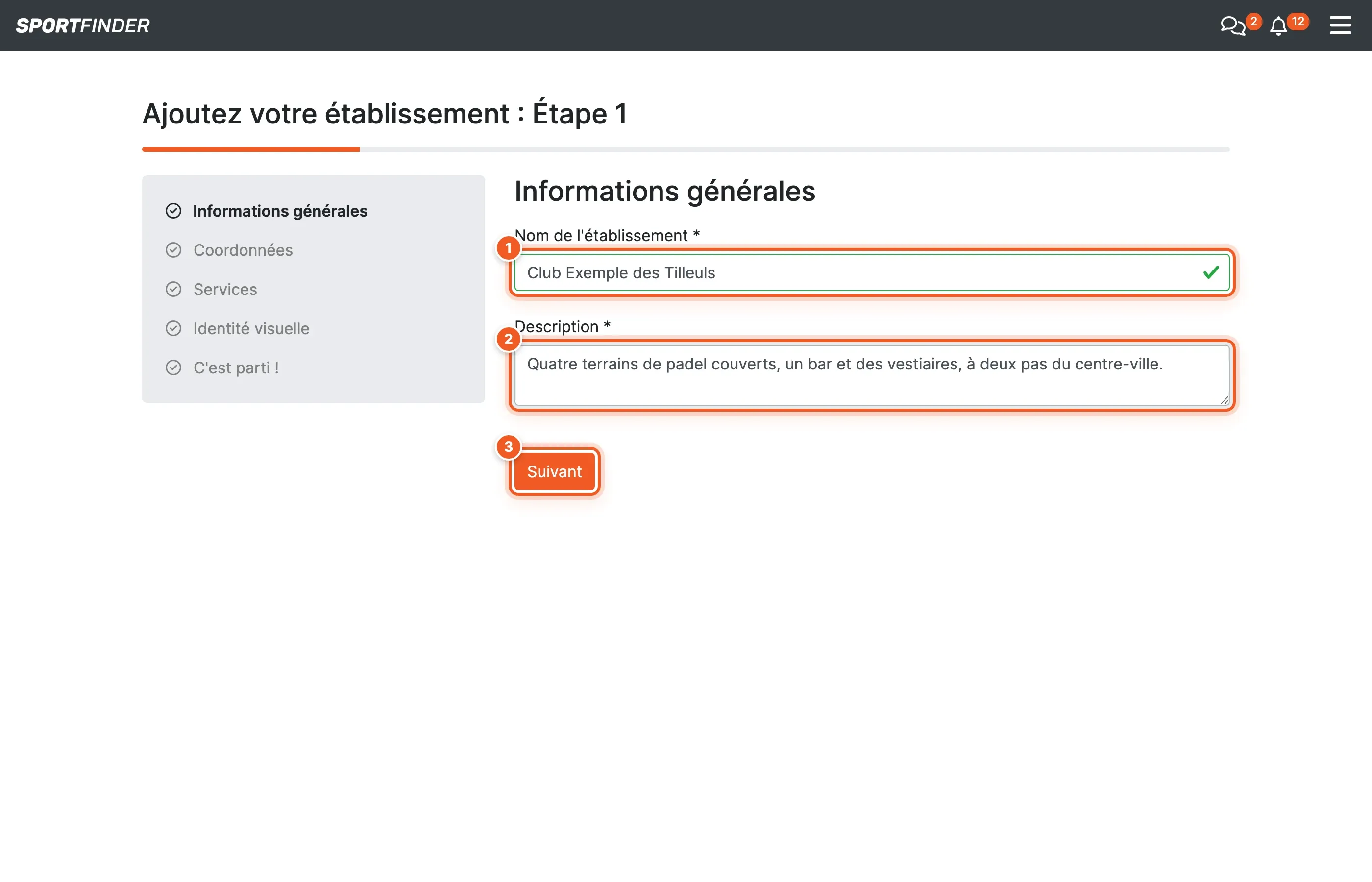 Étape 1 de l'assistant : nom de l'établissement (1), description (2) et bouton Suivant (3)