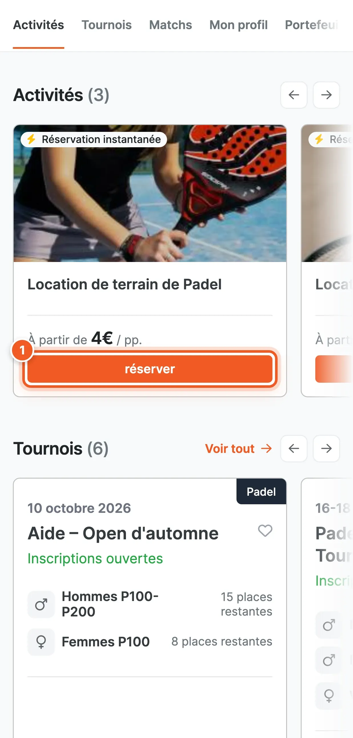 Fiche publique du club Padel Arena Meuse sur téléphone : la carte « Location de terrain de Padel », à partir de 4 € par personne, avec le bouton « réserver » numéroté 1.