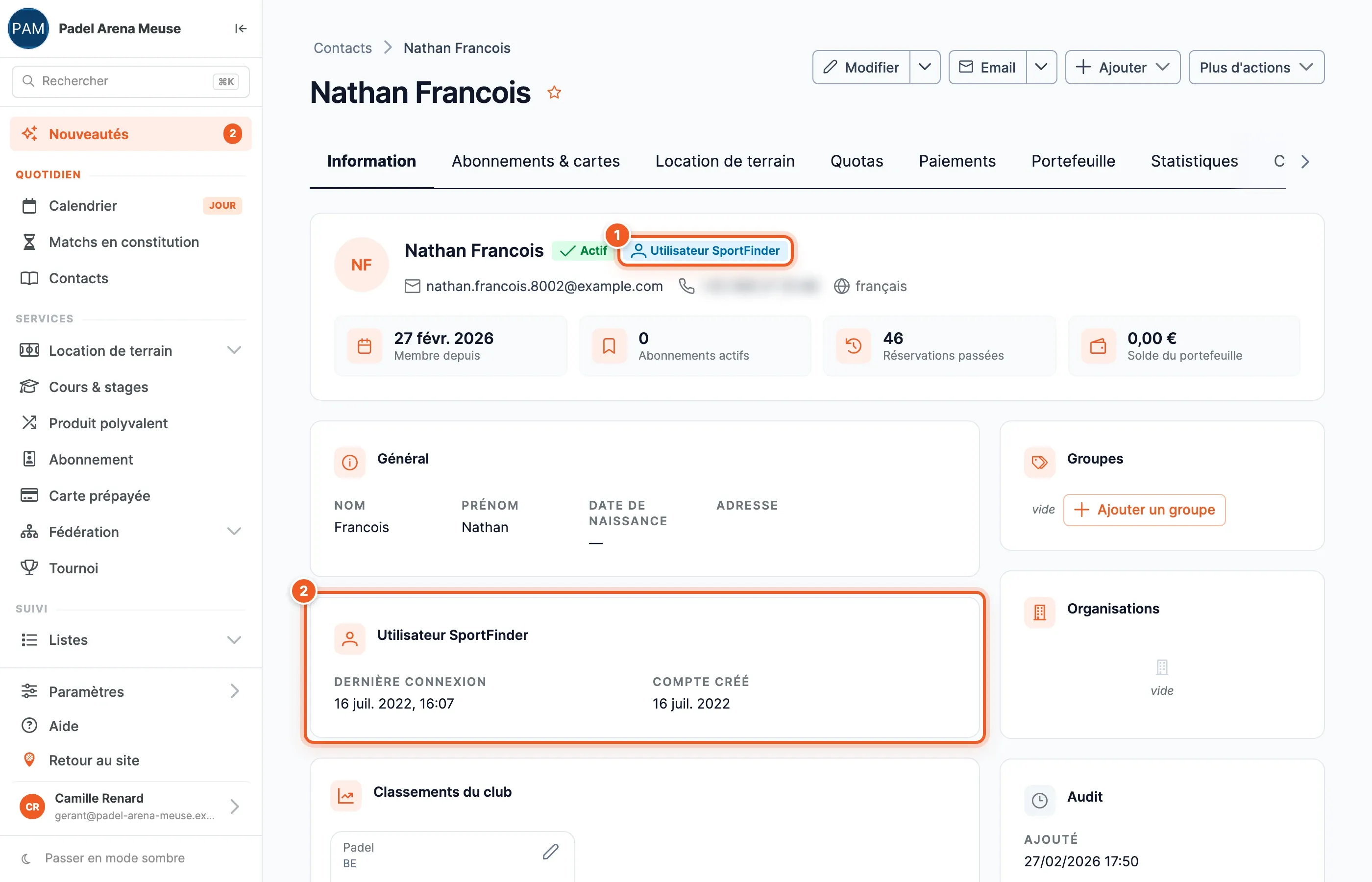 Une fiche liée à un compte : pastille Utilisateur SportFinder et encadré avec la dernière connexion