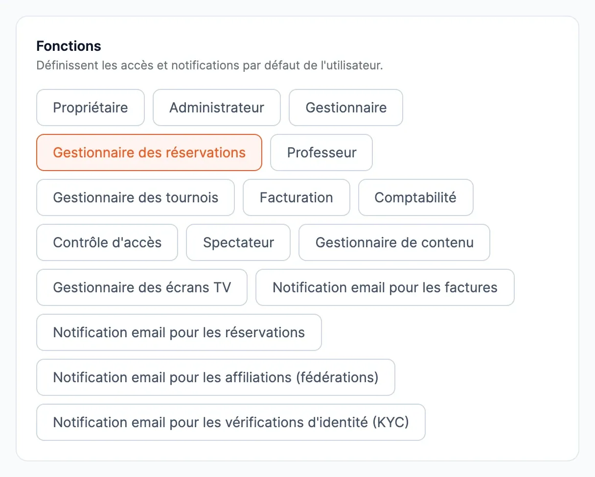 Bloc Fonctions : Propriétaire, Administrateur, Gestionnaire, Gestionnaire des réservations (cochée), Professeur, Gestionnaire des tournois, Facturation, Comptabilité, Contrôle d'accès, Spectateur, Gestionnaire de contenu, Gestionnaire des écrans TV, puis les quatre Notifications email