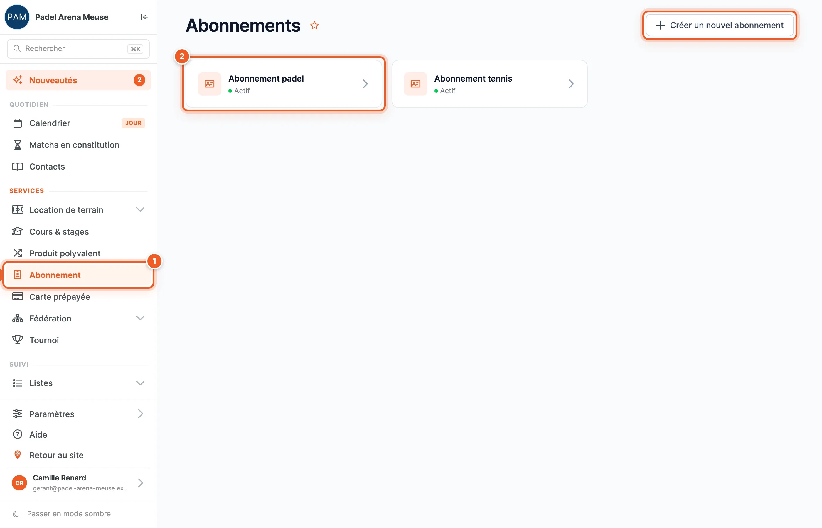 Page Abonnements : le menu Services › Abonnement (1) et la carte « Abonnement padel » (2) sont surlignés, à côté de la carte « Abonnement tennis » ; le bouton « Créer un nouvel abonnement » est en haut à droite.