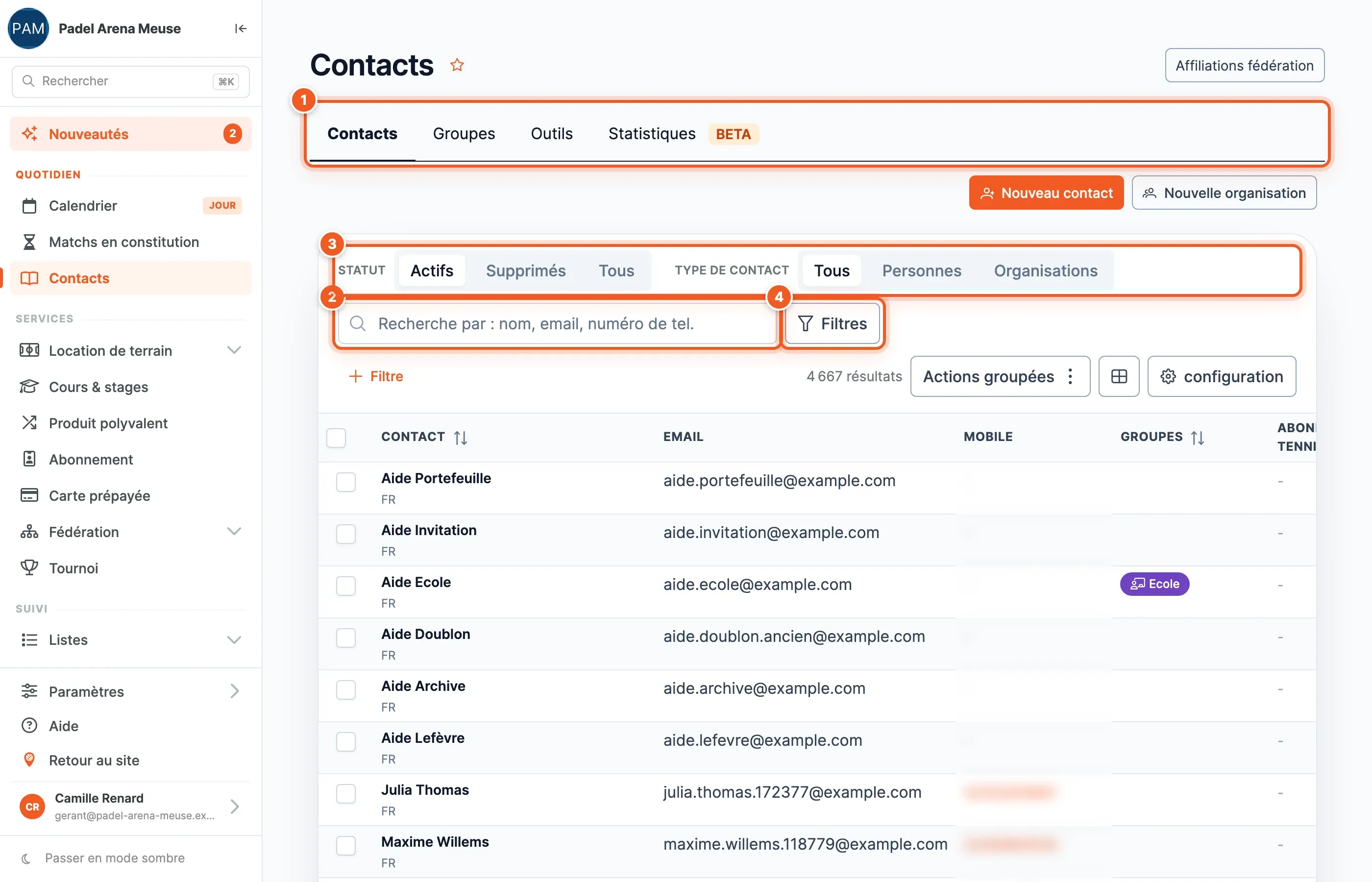 La liste des contacts : onglets, recherche, statut, type et filtres