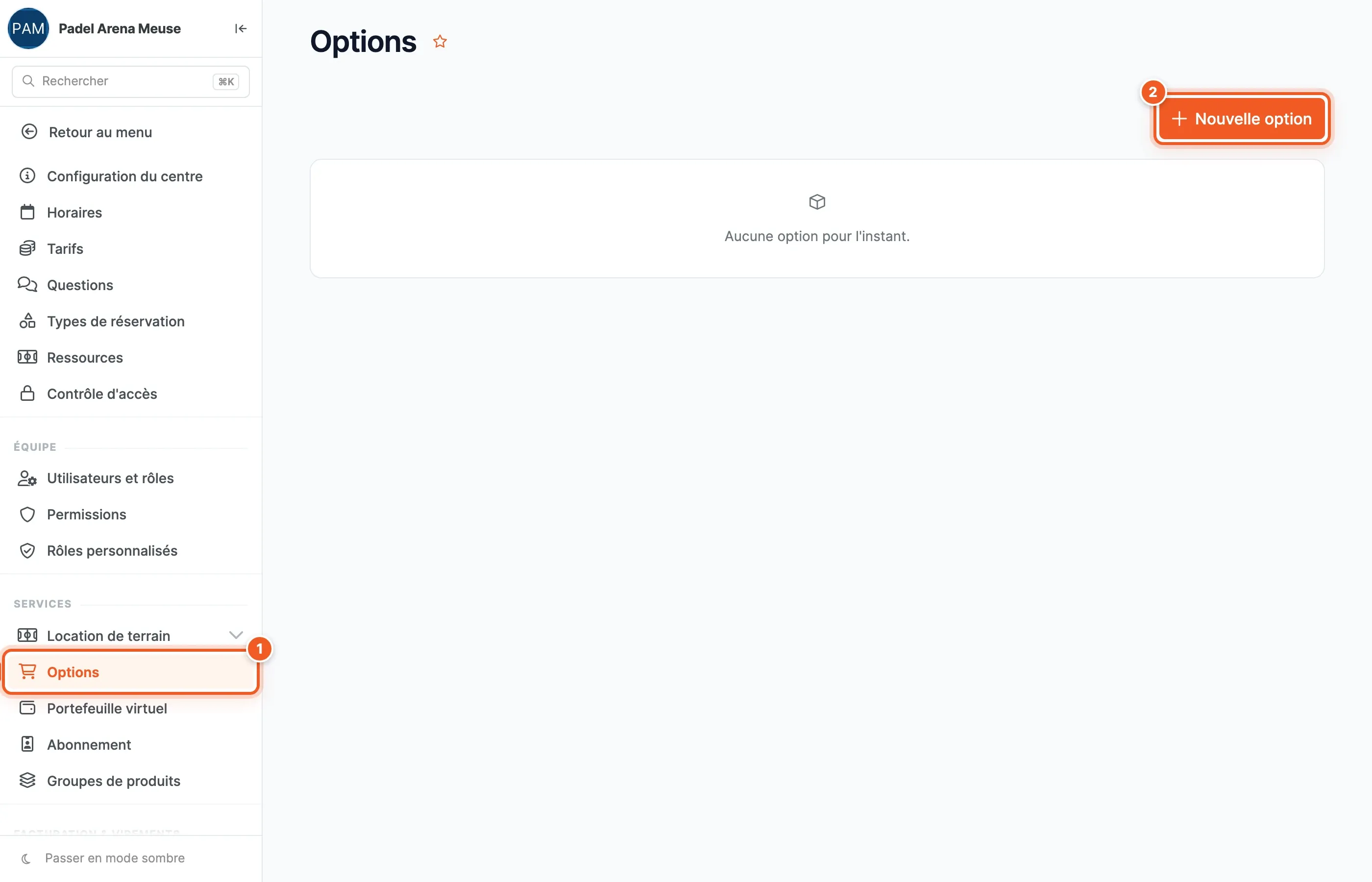 Page Options, encore vide (« Aucune option pour l'instant. ») : le menu Paramètres › Services › Options (1) et le bouton « Nouvelle option » (2) sont surlignés.