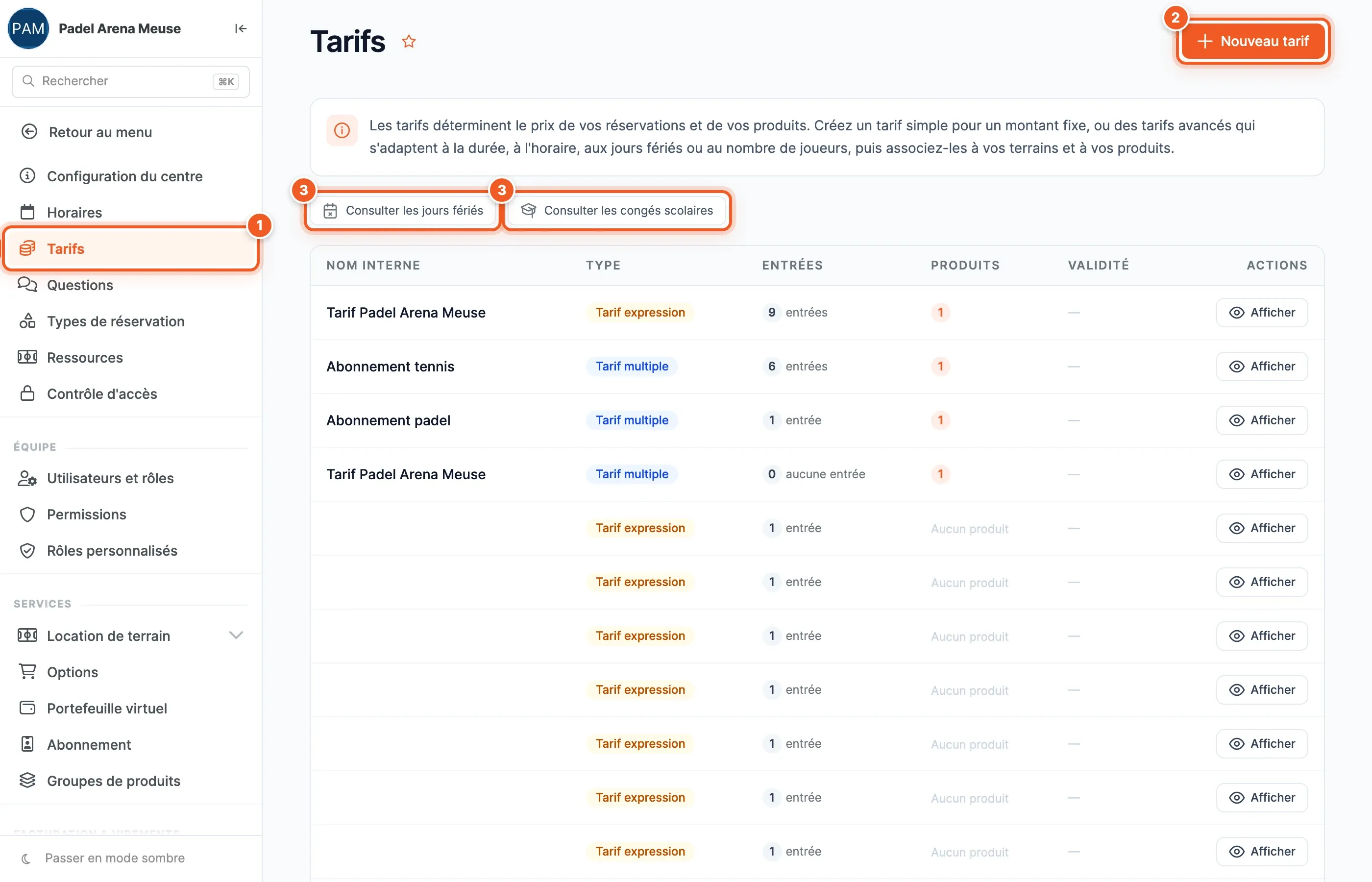 Page Tarifs : l’entrée Tarifs du menu (1), le bouton Nouveau tarif (2) et les liens Consulter les jours fériés et Consulter les congés scolaires (3)