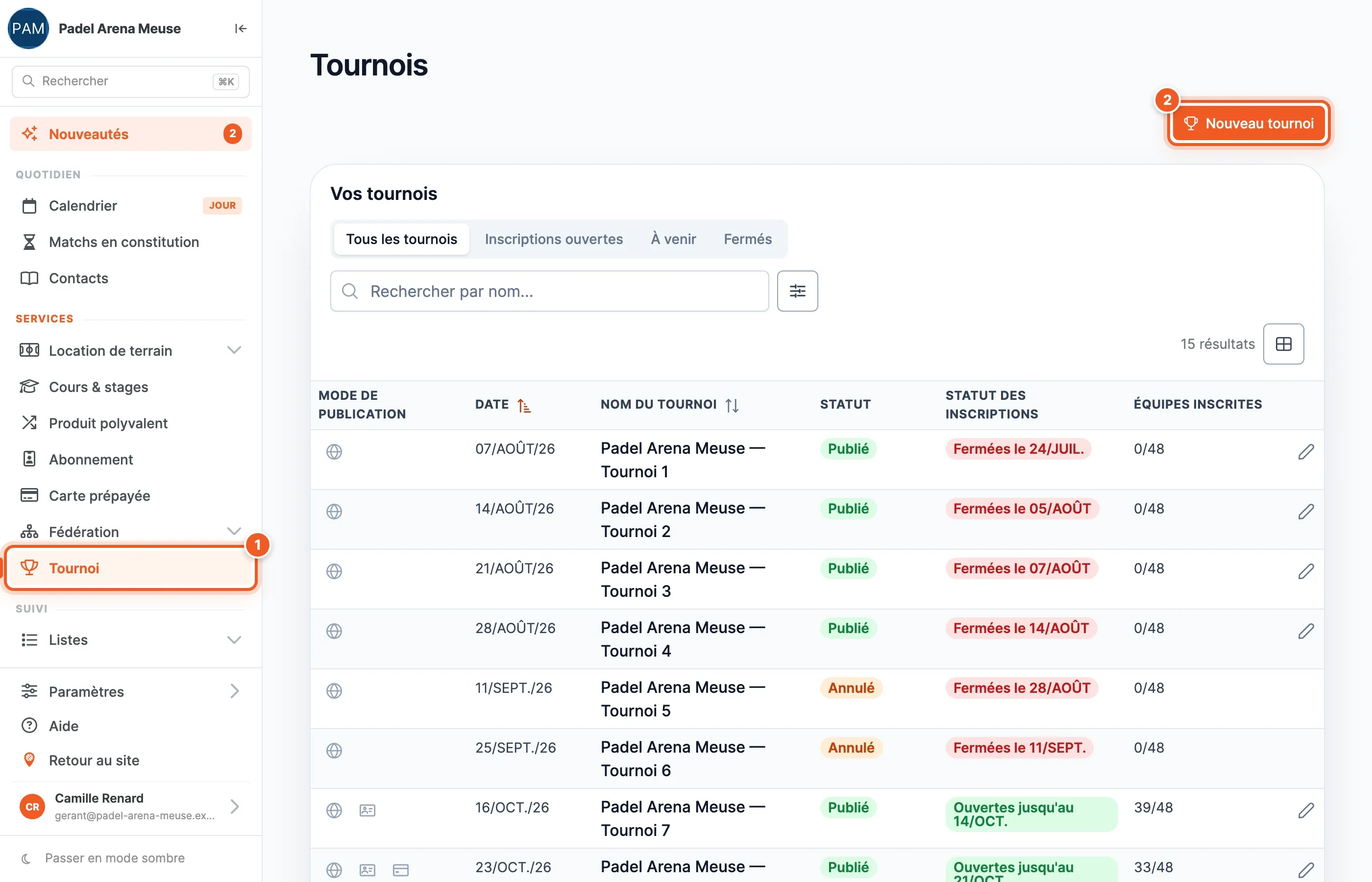 La page Tournois du back-office : le menu Tournoi sous Services et le bouton orange Nouveau tournoi en haut à droite