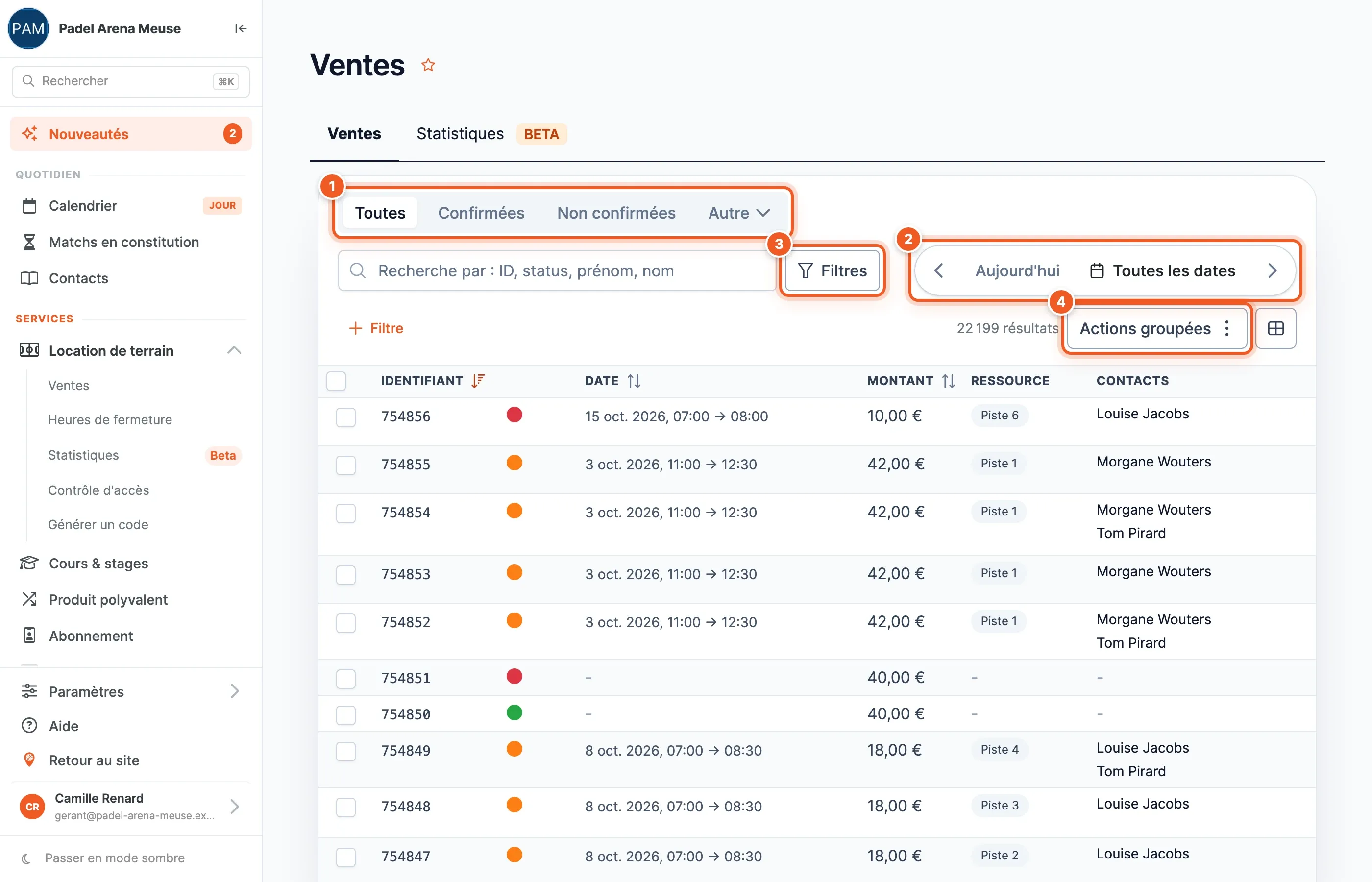 La liste des ventes du back-office, avec son sélecteur de statut, sa navigation par période, ses filtres et ses actions groupées