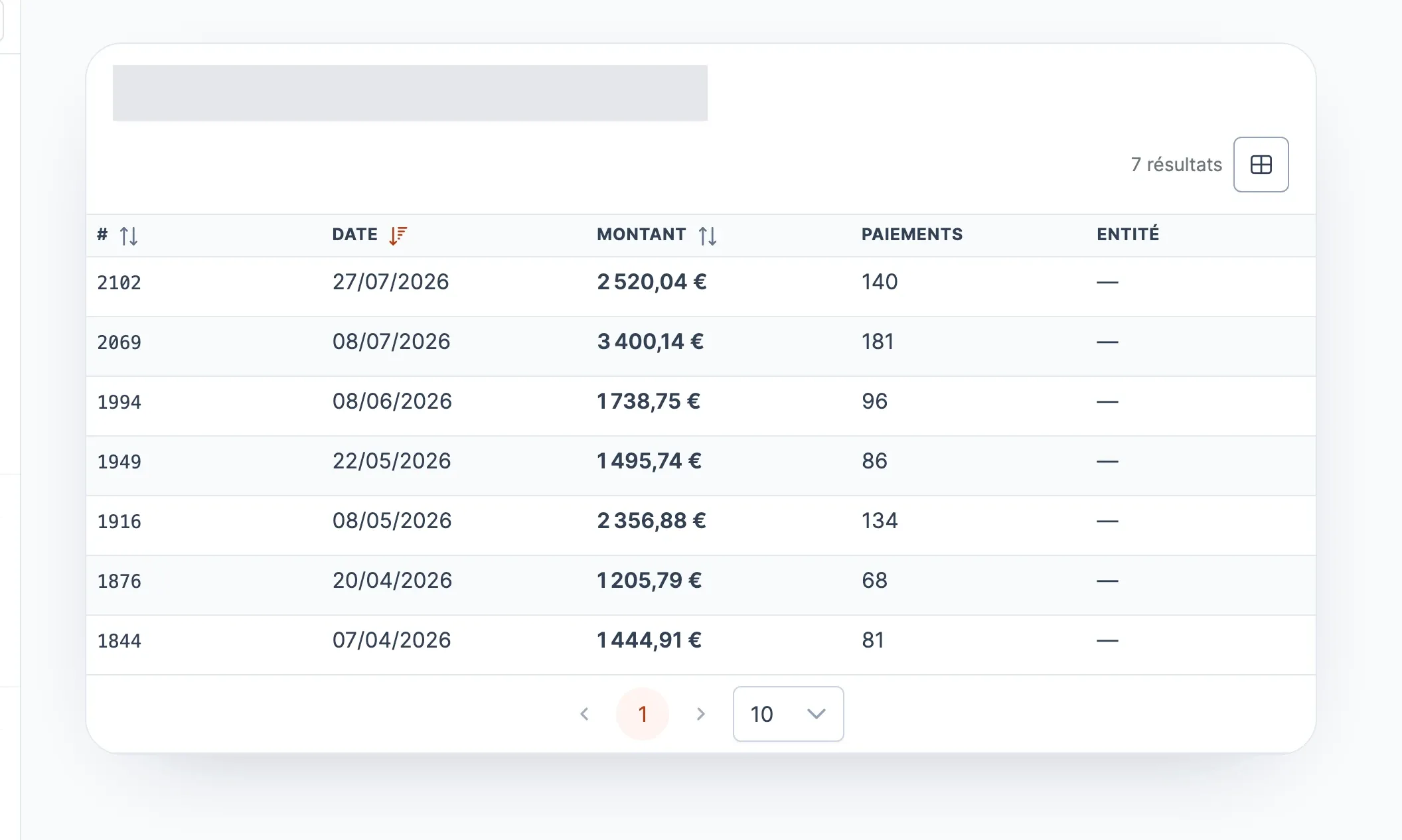 Page Virements : tableau des virements avec numéro, date, montant, nombre de paiements et entité