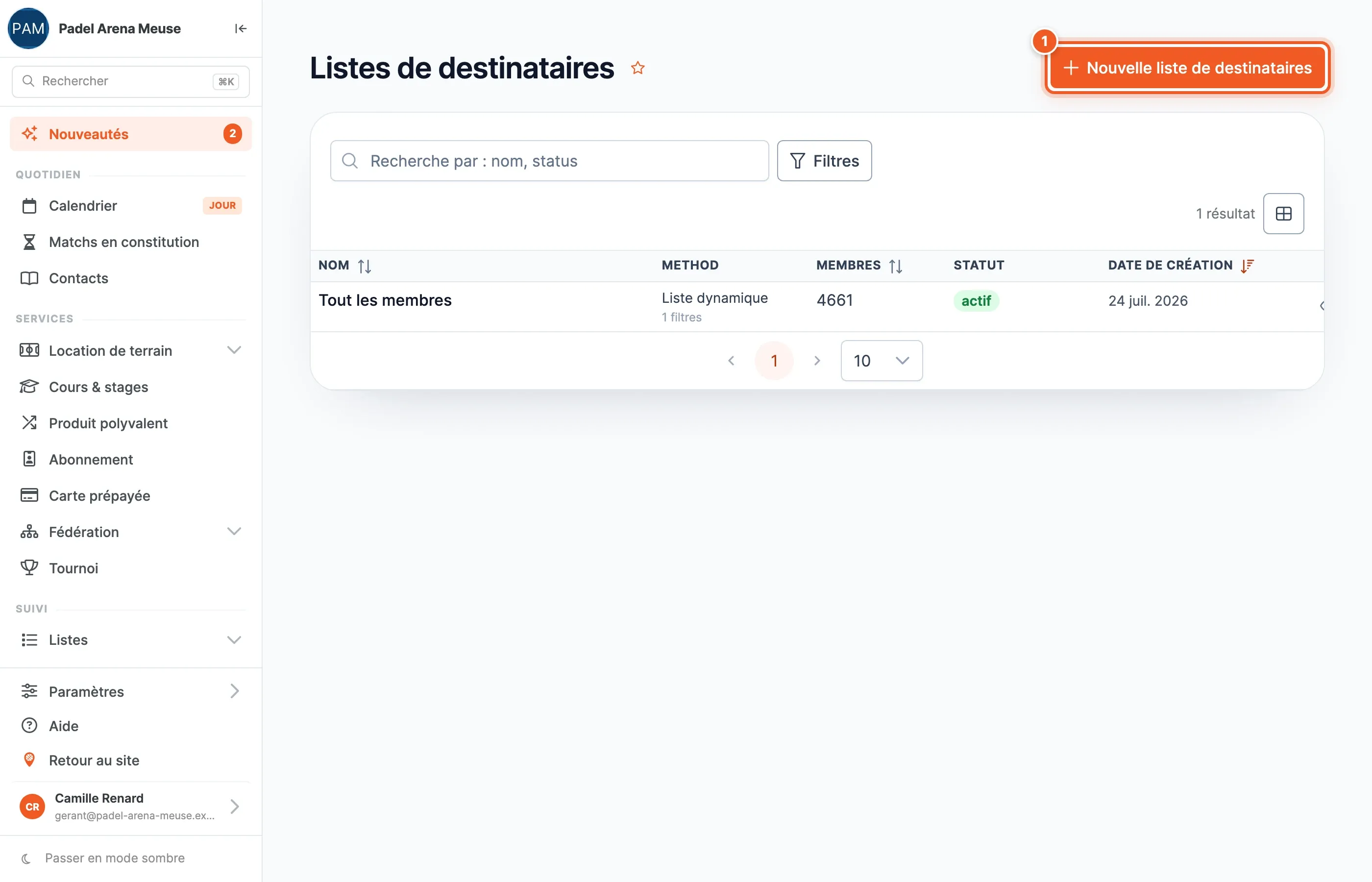 La page Listes de destinataires : la liste existante avec sa méthode, son nombre de membres et son statut, et le bouton Nouvelle liste de destinataires numéroté 1