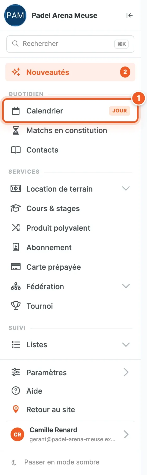 Menu du back-office, entrée Calendrier de la section Quotidien repérée par le numéro 1