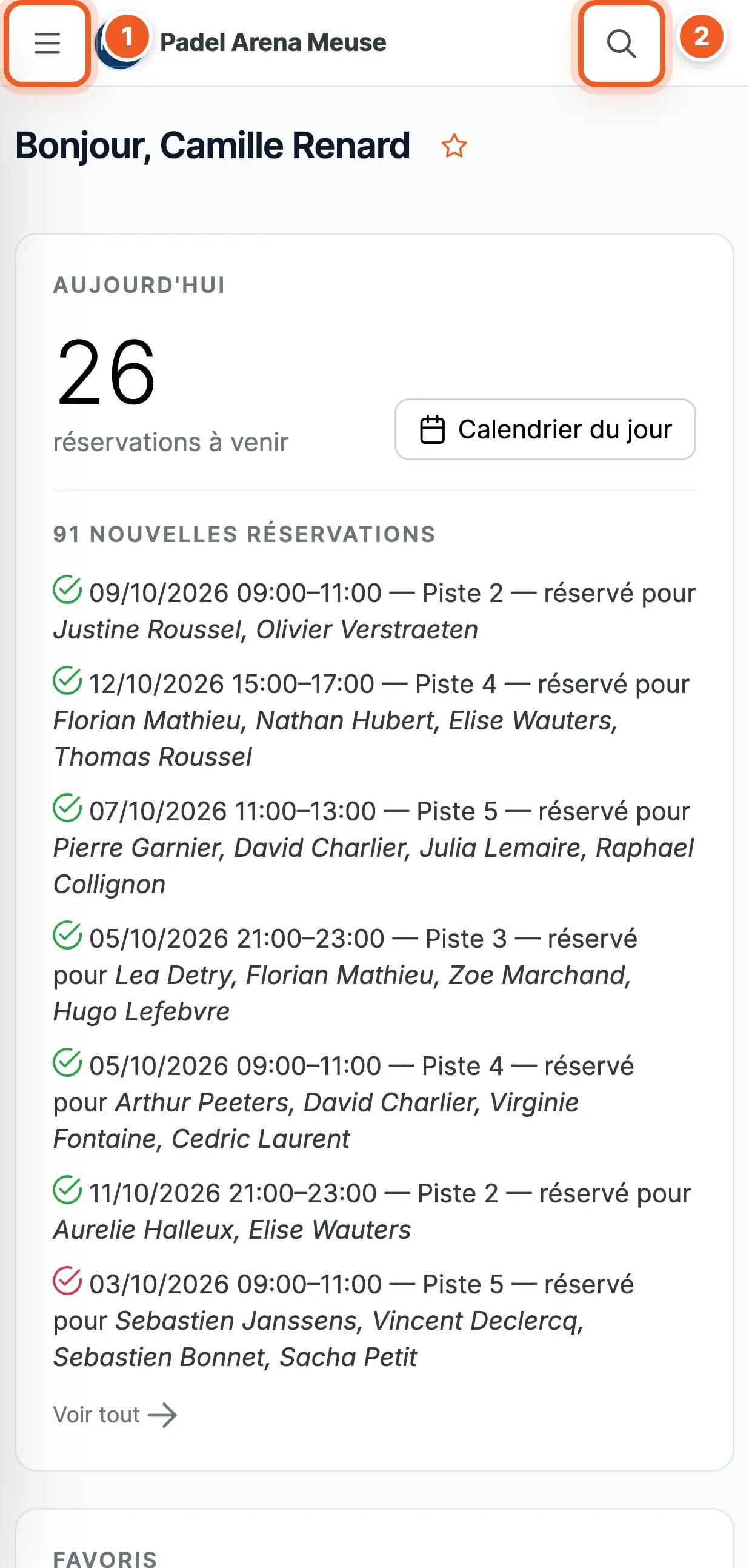 Accueil du back-office sur téléphone : barre du haut avec le bouton menu (1) et la loupe (2)