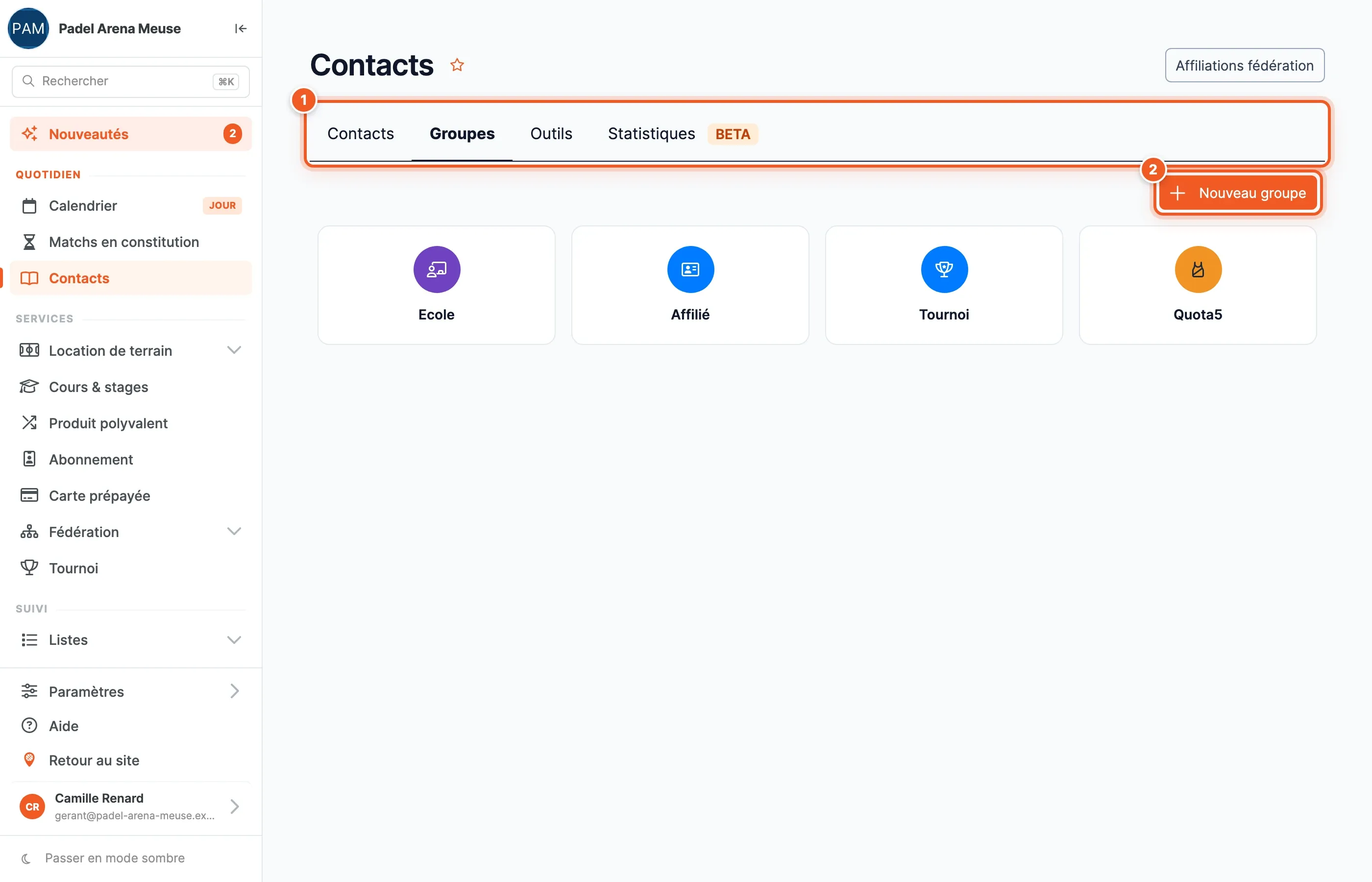 L’onglet Groupes de la page Contacts, avec le bouton Nouveau groupe