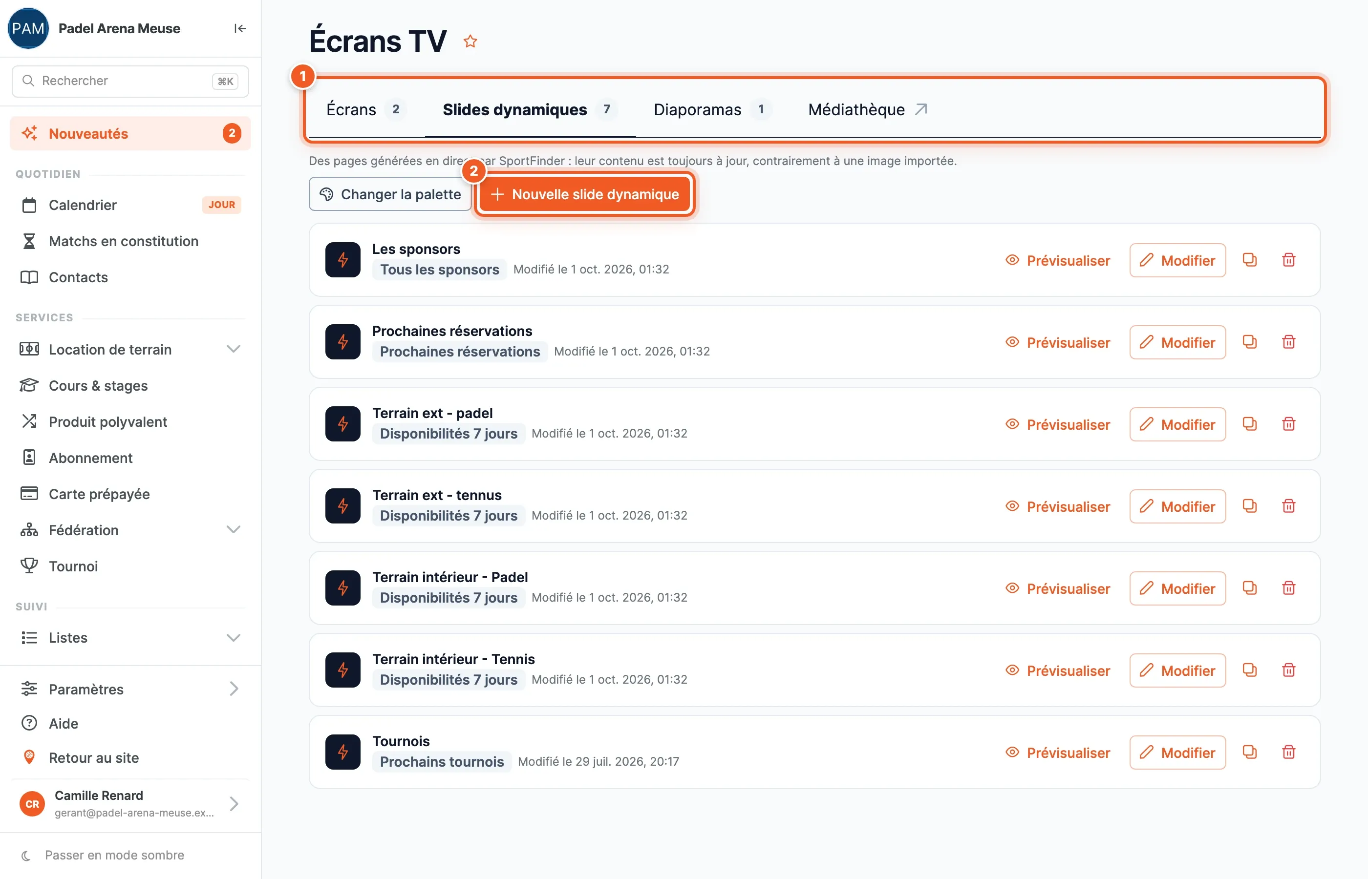 L'onglet Slides dynamiques de la page Écrans TV : la barre des quatre onglets numérotée 1 et le bouton Nouvelle slide dynamique numéroté 2