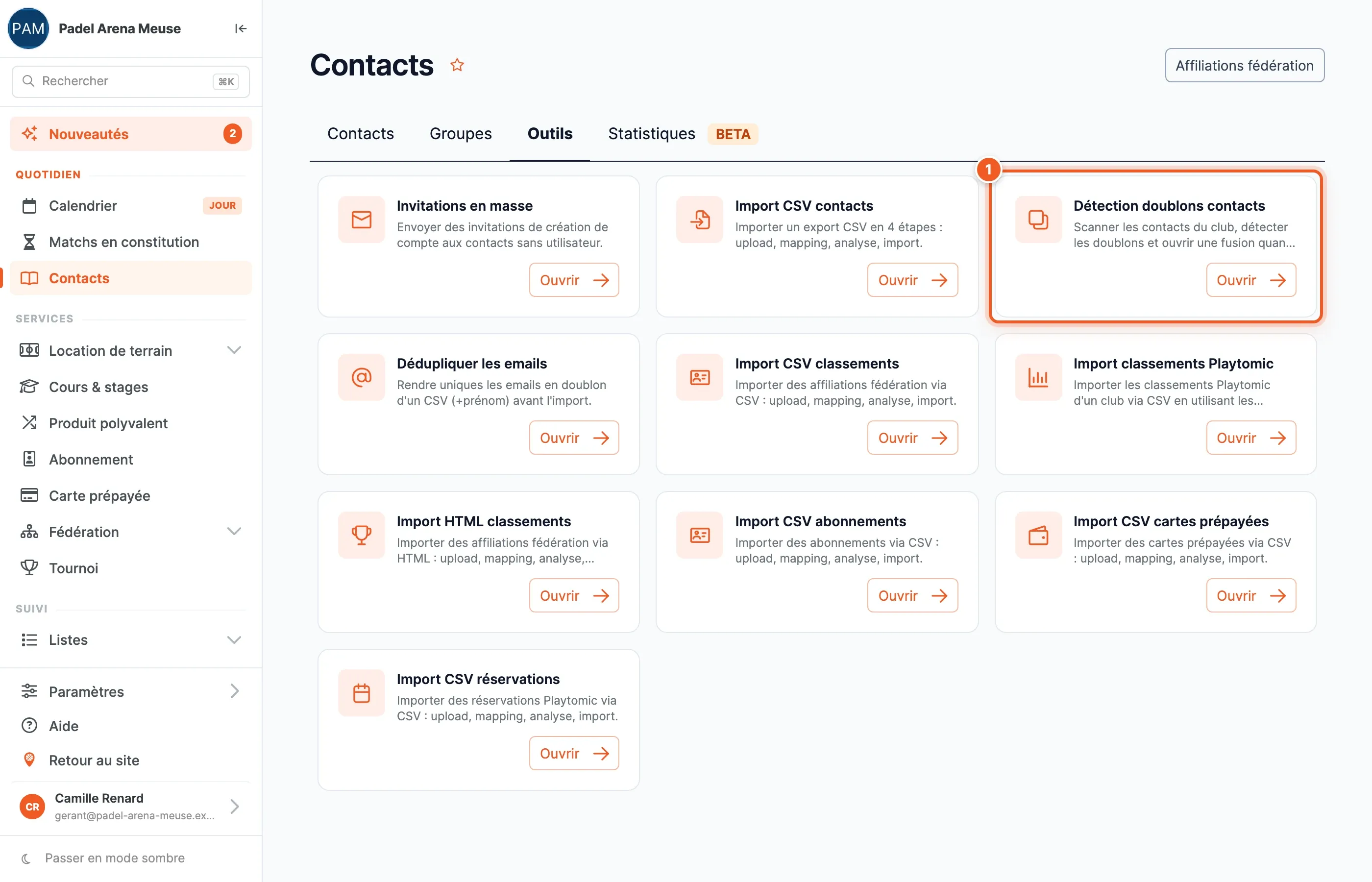 L’onglet Outils des contacts, la carte Détection doublons contacts mise en évidence