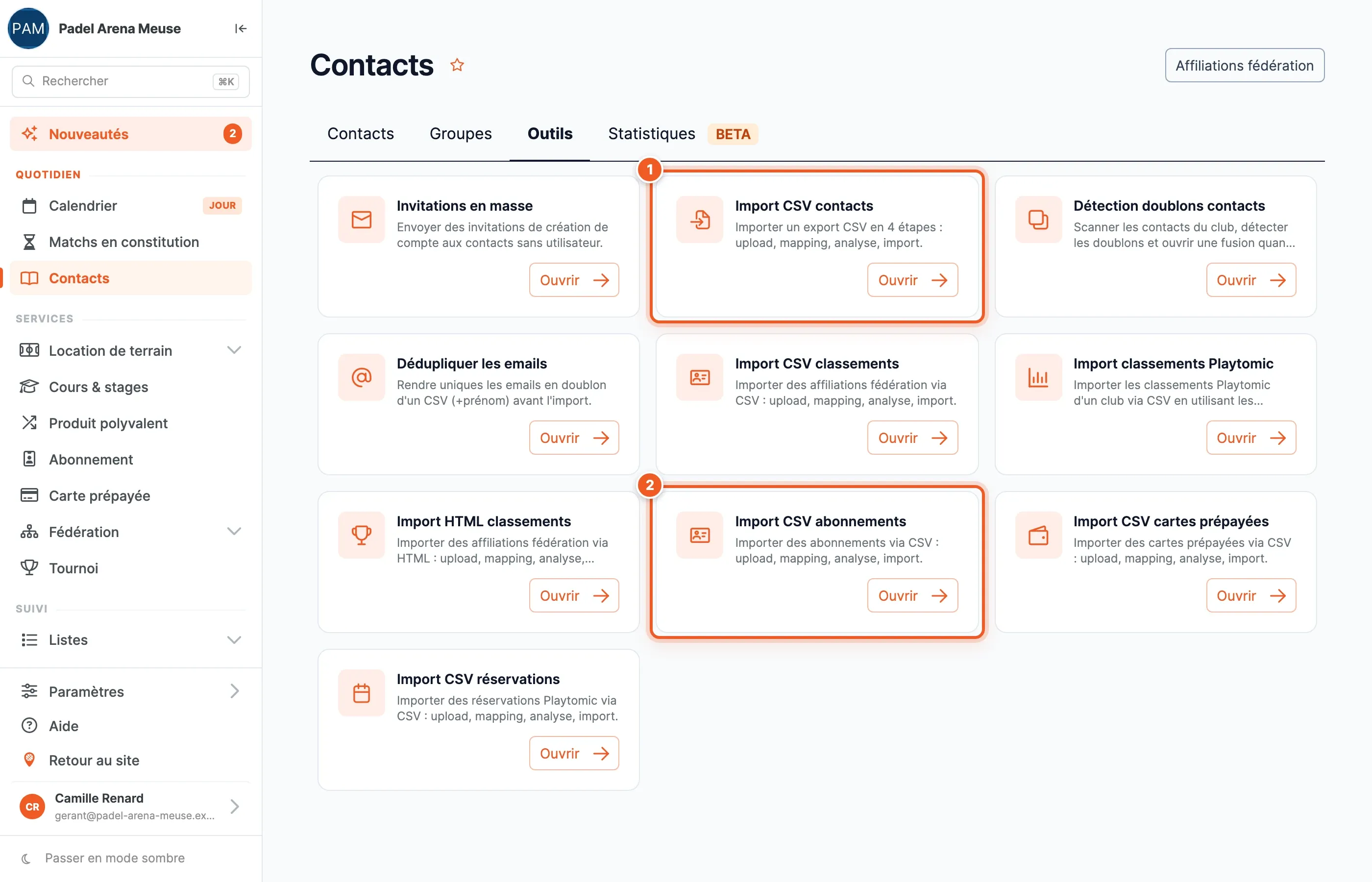 L’onglet Outils : Import CSV contacts et Import CSV abonnements mis en évidence