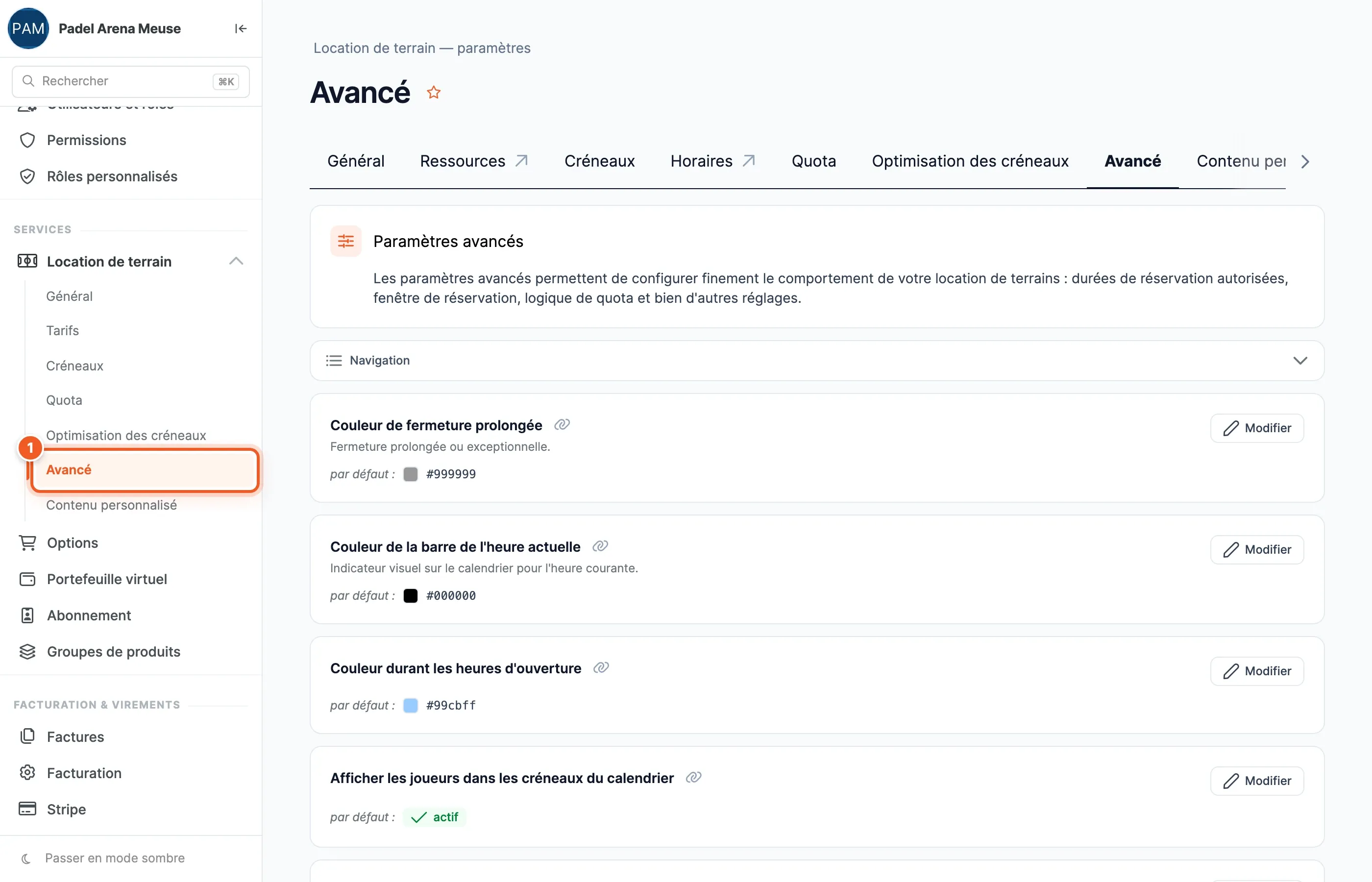 Page Avancé : l’entrée Avancé du menu (1), le texte d’introduction et le bloc Navigation