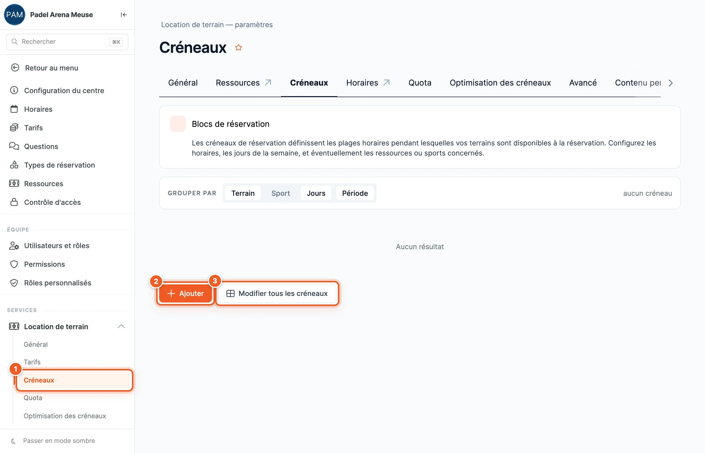 Page Créneaux : l’entrée Créneaux du menu (1), le bouton Ajouter (2) et le bouton Modifier tous les créneaux (3)