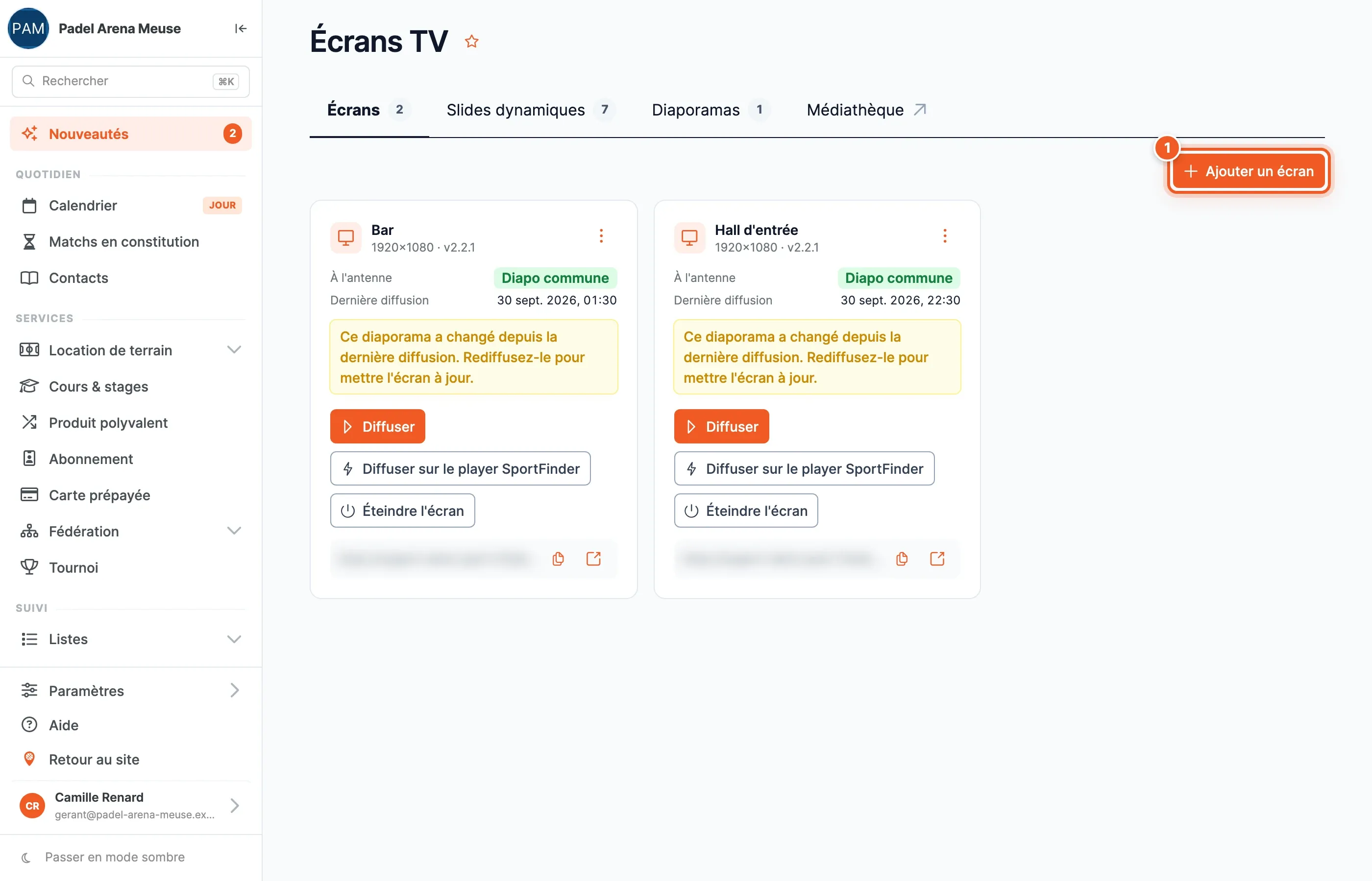 La page Écrans TV du back-office avec ses quatre onglets Écrans, Slides dynamiques, Diaporamas et Médiathèque