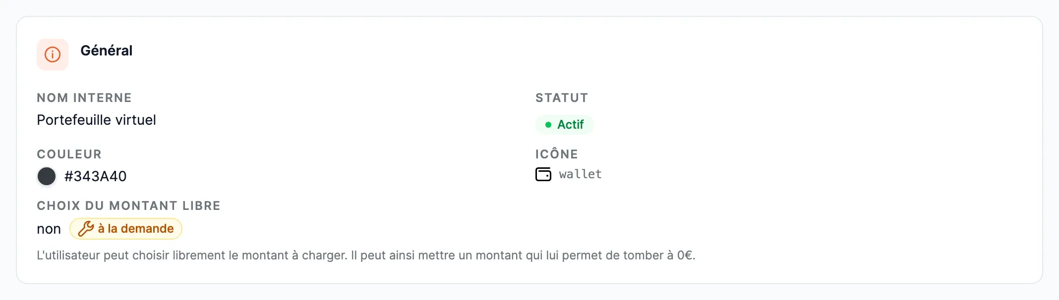 Portefeuille virtuel, bloc Général : nom interne « Portefeuille virtuel », statut Actif, couleur, icône et « Choix du montant libre : non, à la demande ».