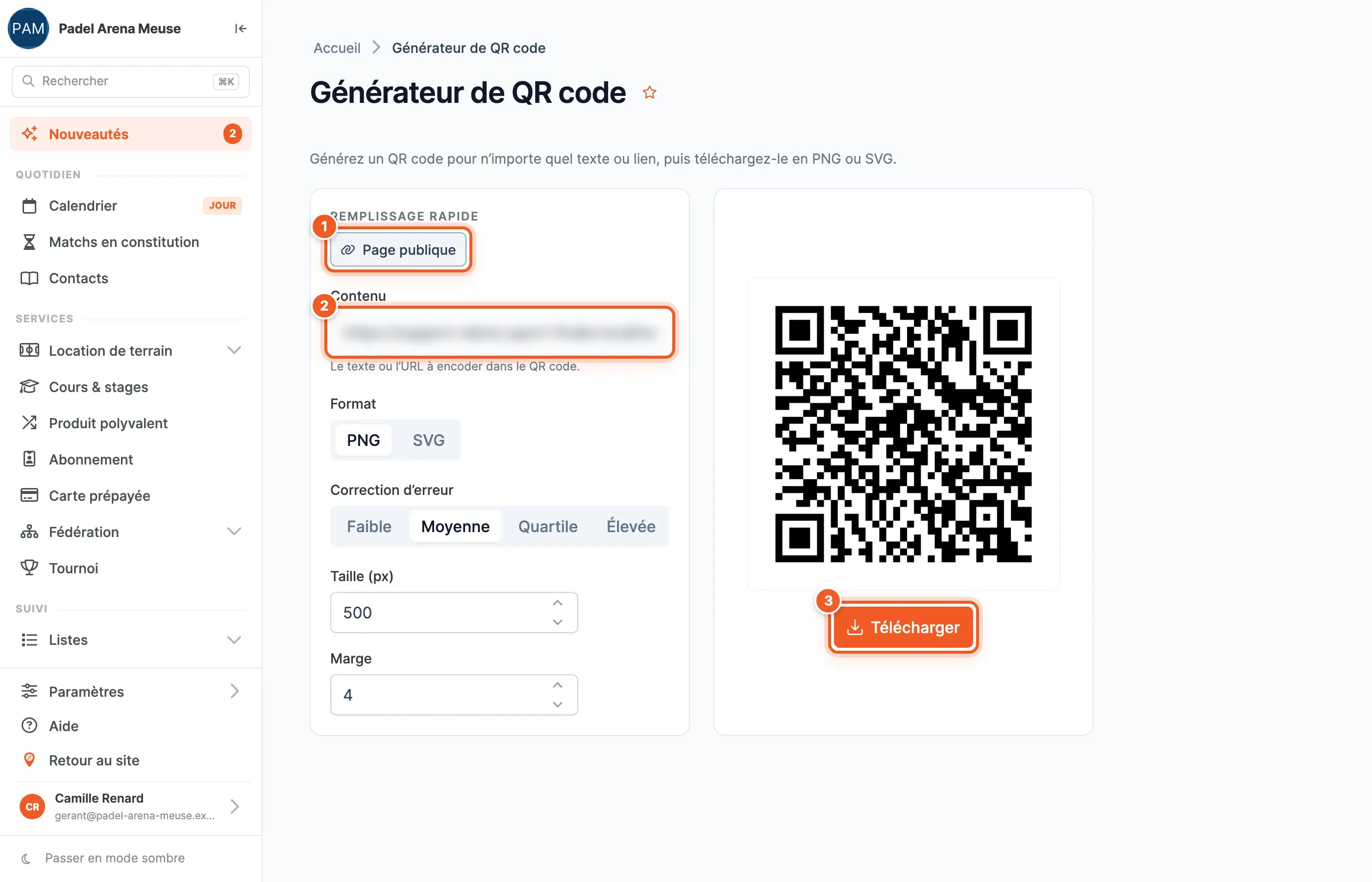 Le Générateur de QR code : bouton Page publique (1), champ Contenu rempli (2, flouté), réglages Format, Correction d'erreur, Taille et Marge, et l'aperçu du QR code avec le bouton Télécharger (3)