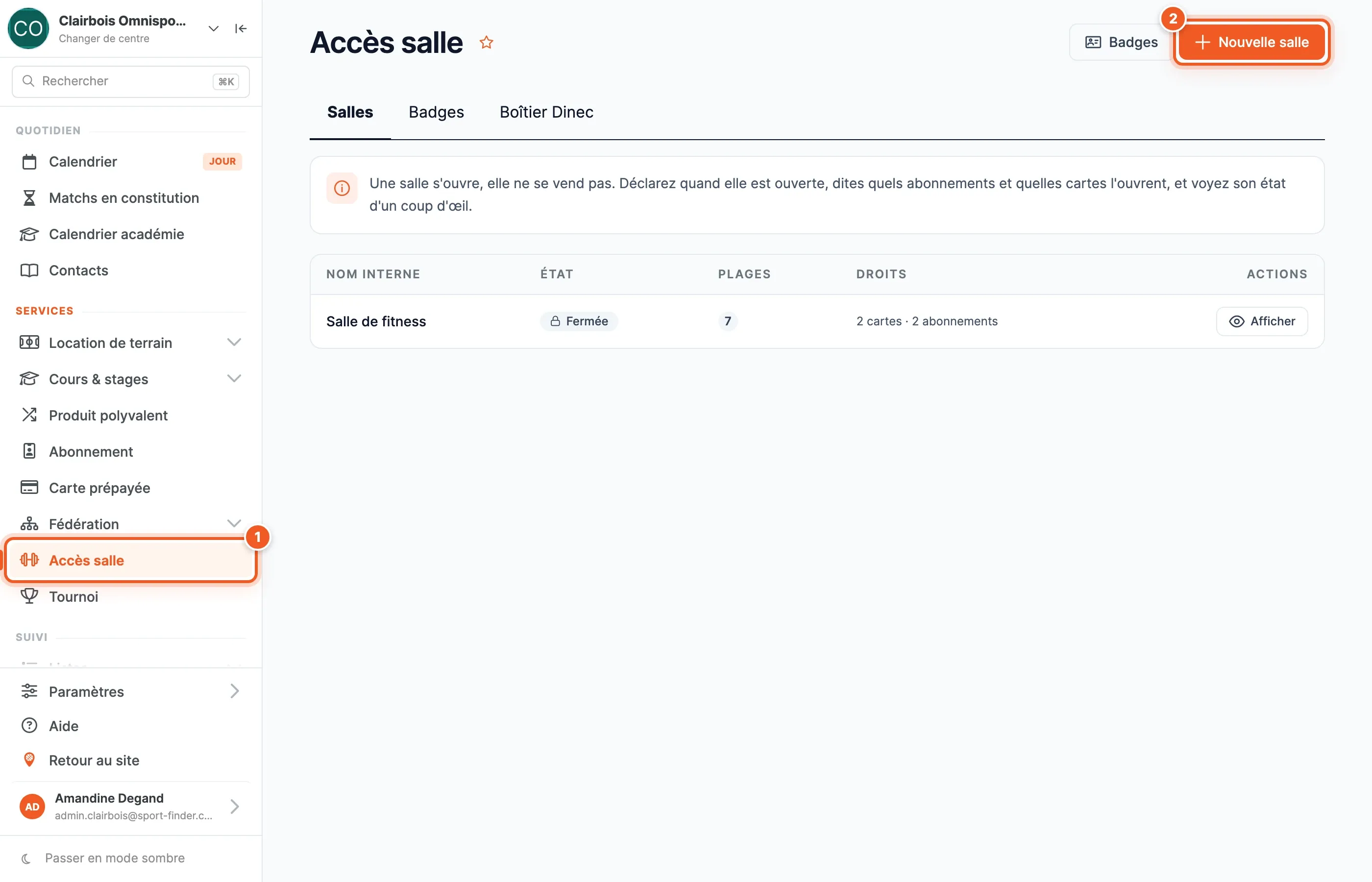 La page Accès salle : l’entrée du menu et le bouton Nouvelle salle surlignés, puis la liste des salles