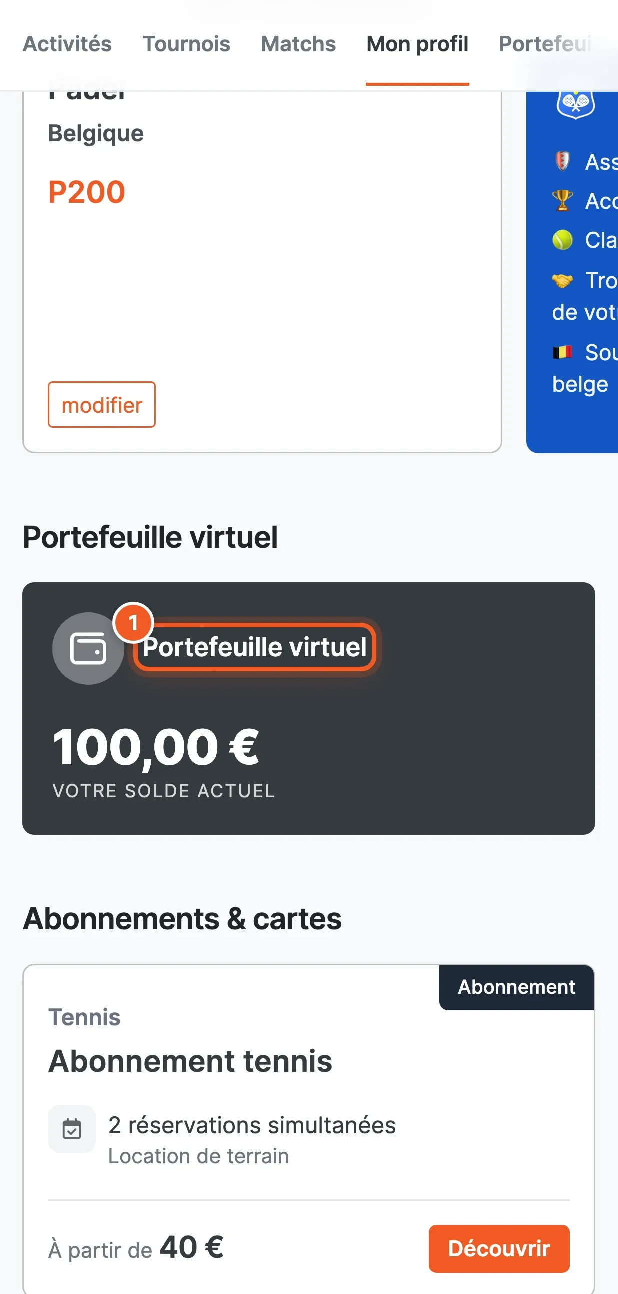 Fiche du club Padel Arena Meuse : la section « Portefeuille virtuel » avec le solde de 100,00 € du joueur connecté ; le lien « Portefeuille virtuel » est numéroté 1.