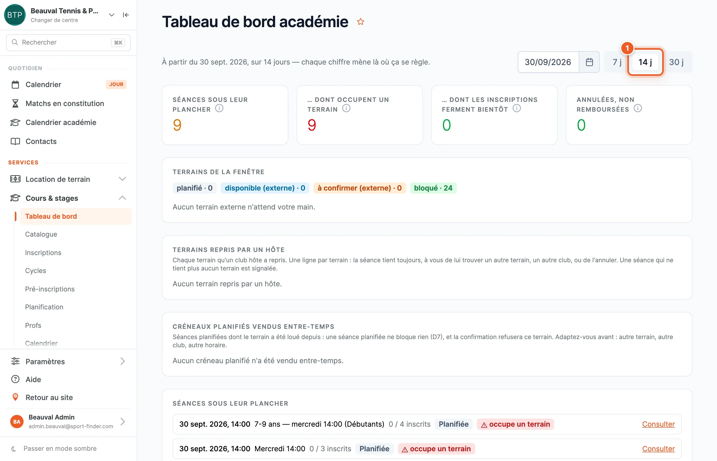 Le Tableau de bord académie : compteurs de séances sous leur plancher, terrains de la fenêtre et liste des séances à traiter