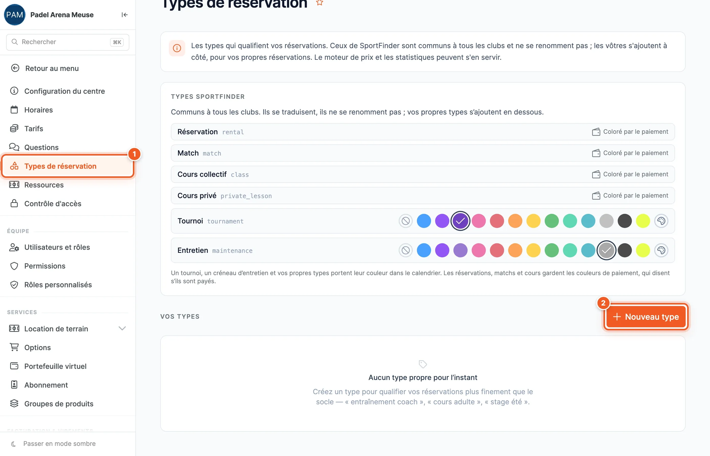Page Types de réservation : l’entrée du menu (1), les types SportFinder avec leurs couleurs et le bouton Nouveau type (2)