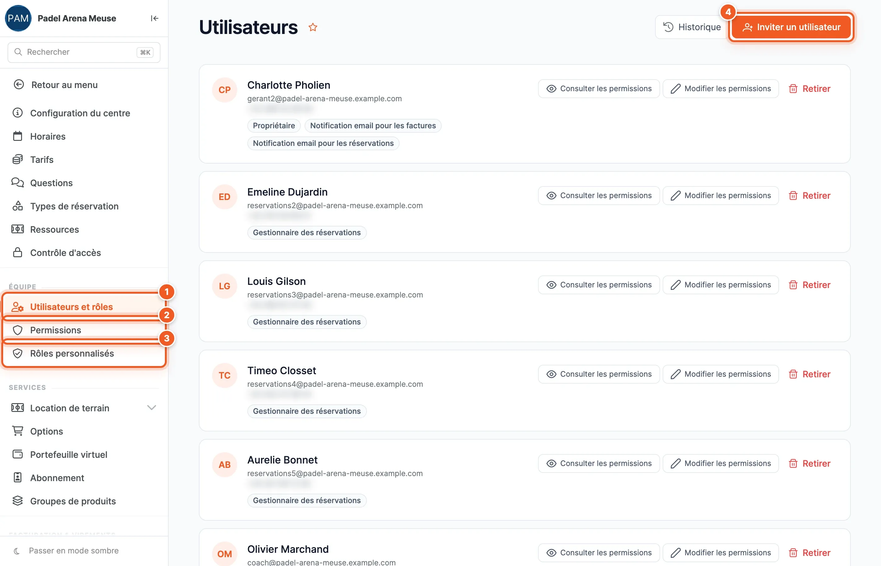 Page Utilisateurs : le menu Paramètres avec la section Équipe (Utilisateurs et rôles 1, Permissions 2, Rôles personnalisés 3) et le bouton Inviter un utilisateur (4) ; la liste des membres avec leurs Fonctions en étiquettes