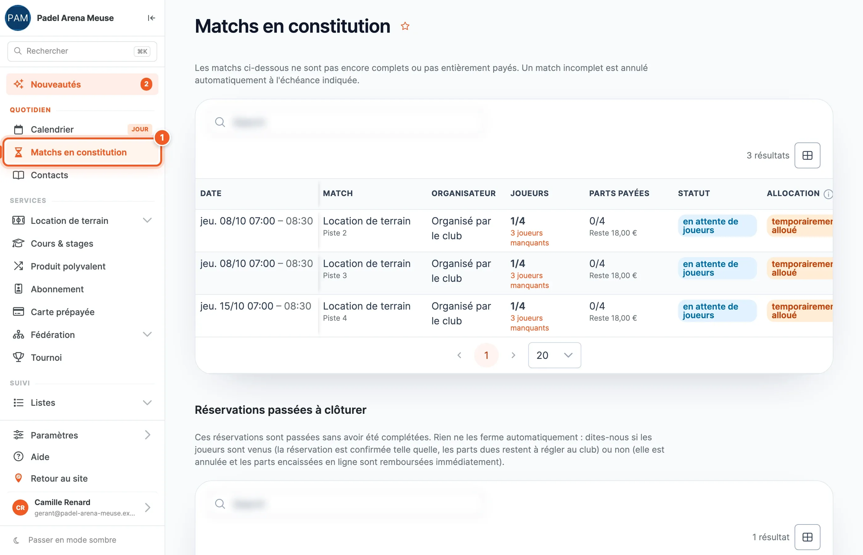Page Matchs en constitution, avec l'entrée du menu Quotidien repérée par le chiffre 1