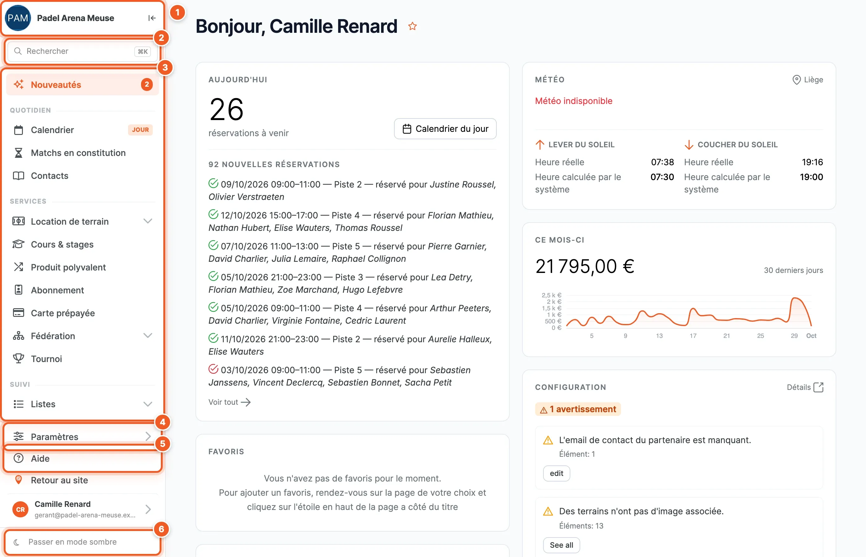 Accueil du back-office SportFinder avec son menu de gauche