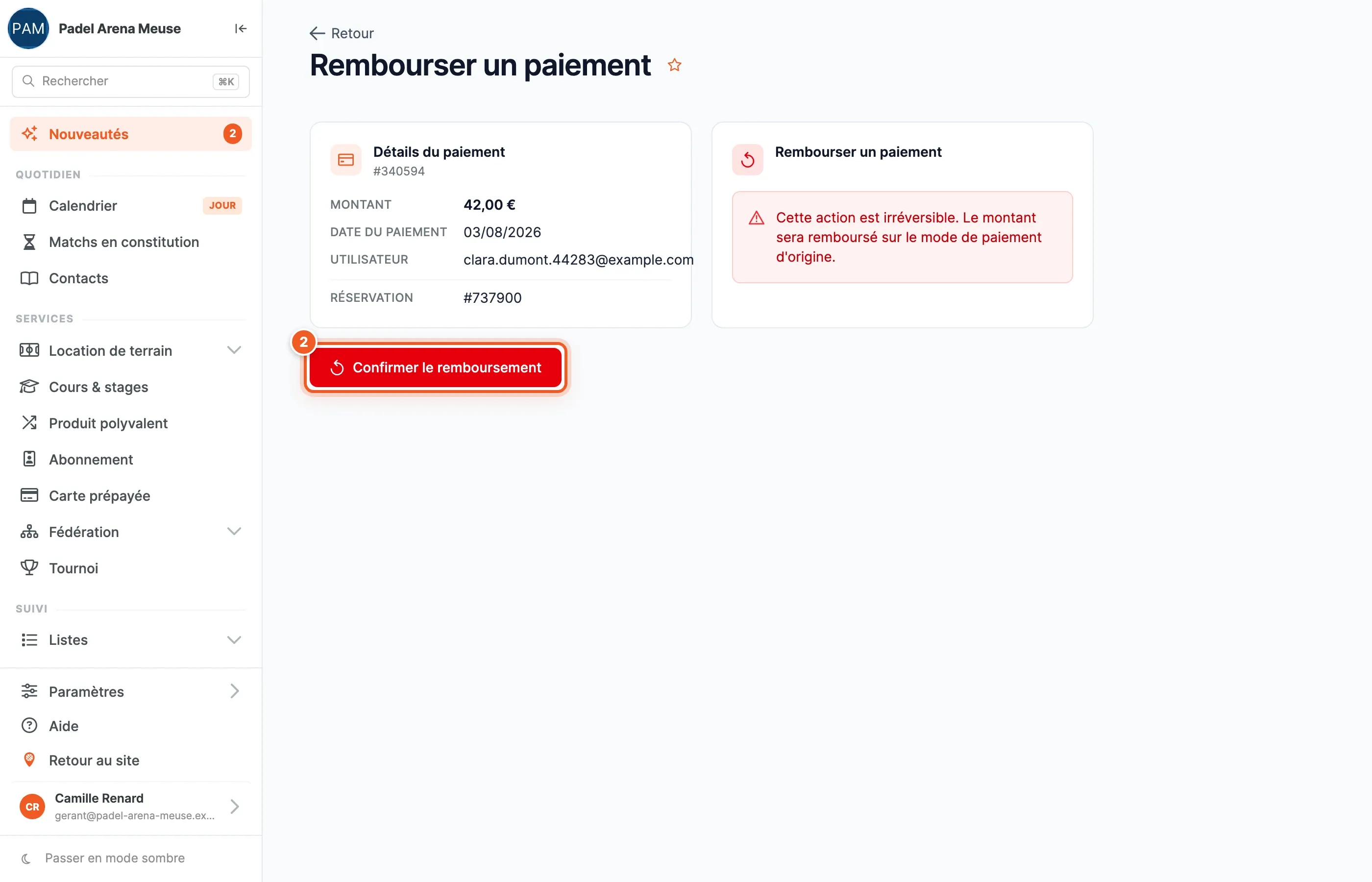 Page « Rembourser un paiement » : détails du paiement, avertissement d'action irréversible et bouton « Confirmer le remboursement » (2)