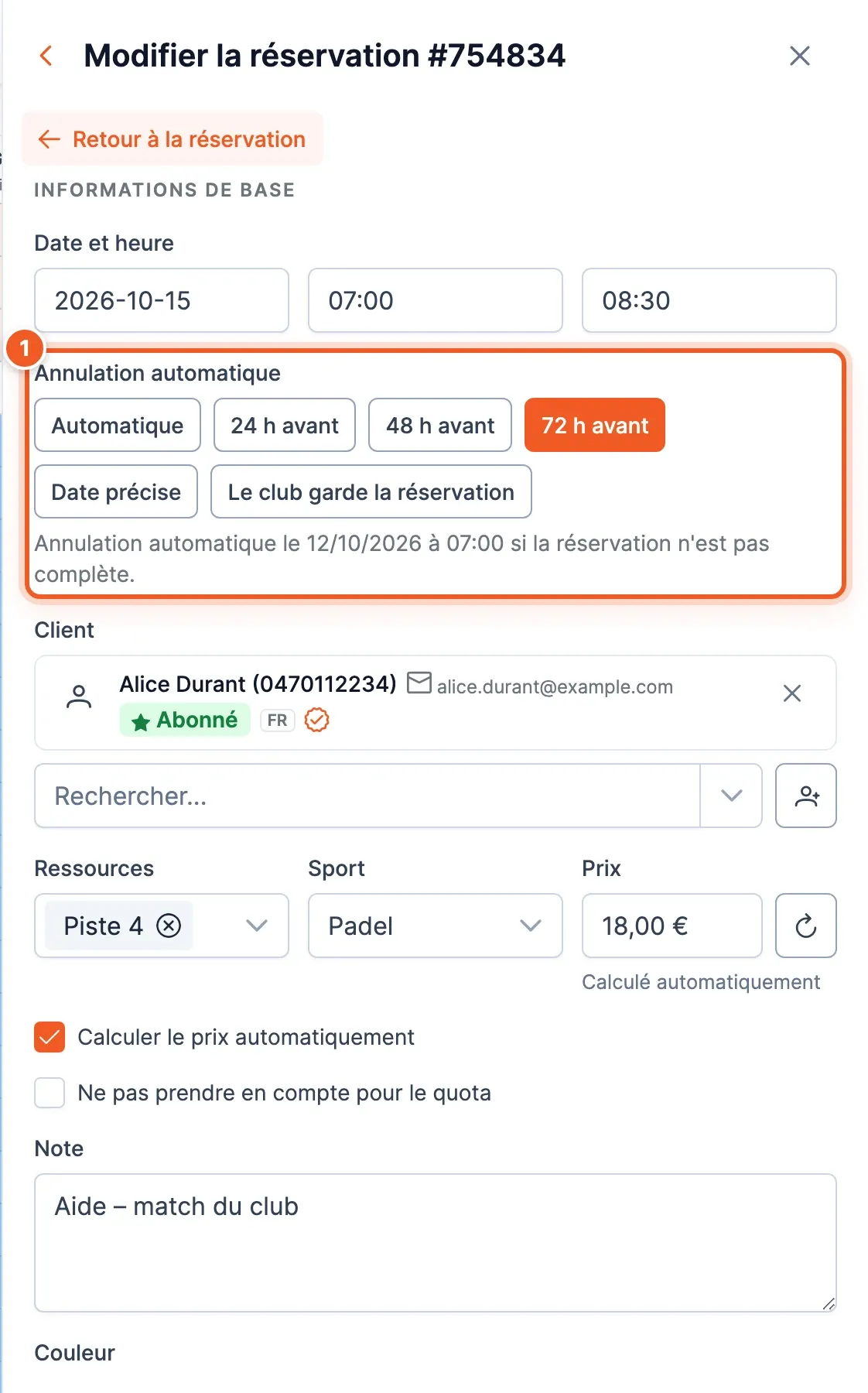 Formulaire de modification d'une réservation avec le champ Annulation automatique et ses six choix