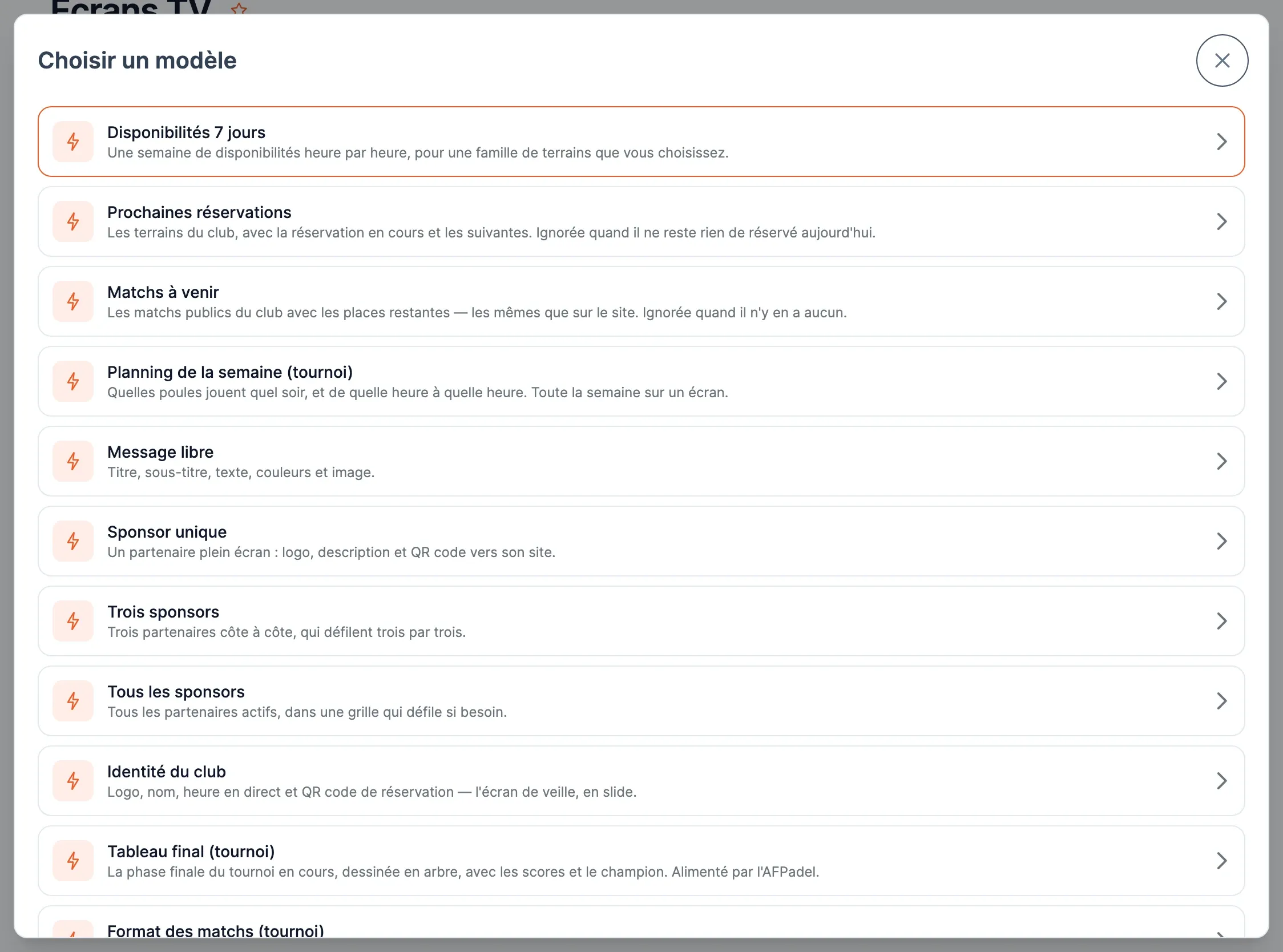 La fenêtre Choisir un modèle : Disponibilités 7 jours, Prochaines réservations, Matchs à venir, Planning de la semaine (tournoi), Message libre, Sponsor unique, Trois sponsors, Tous les sponsors, Identité du club, Tableau final (tournoi)…