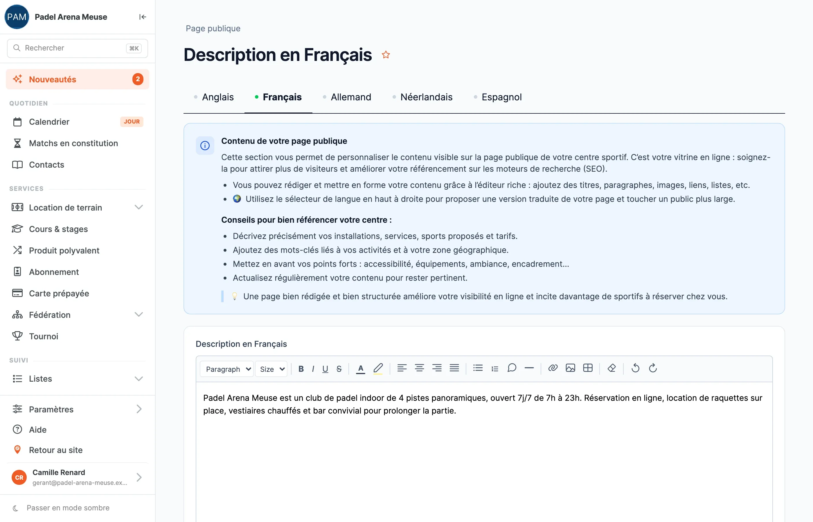 La page Description en Français : les onglets de langue Anglais, Français, Allemand, Néerlandais, Espagnol, l'aide au référencement et l'éditeur de texte riche